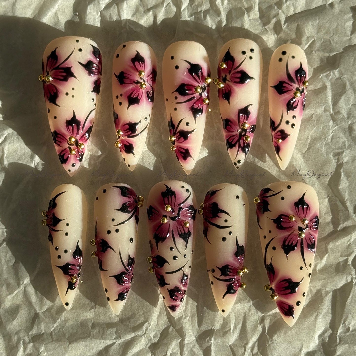 Purple Floral Press-On Nails, Nude Handmade Purple & Black Flower Nail Art, Gold Accents, Reusable False Nails, MO730