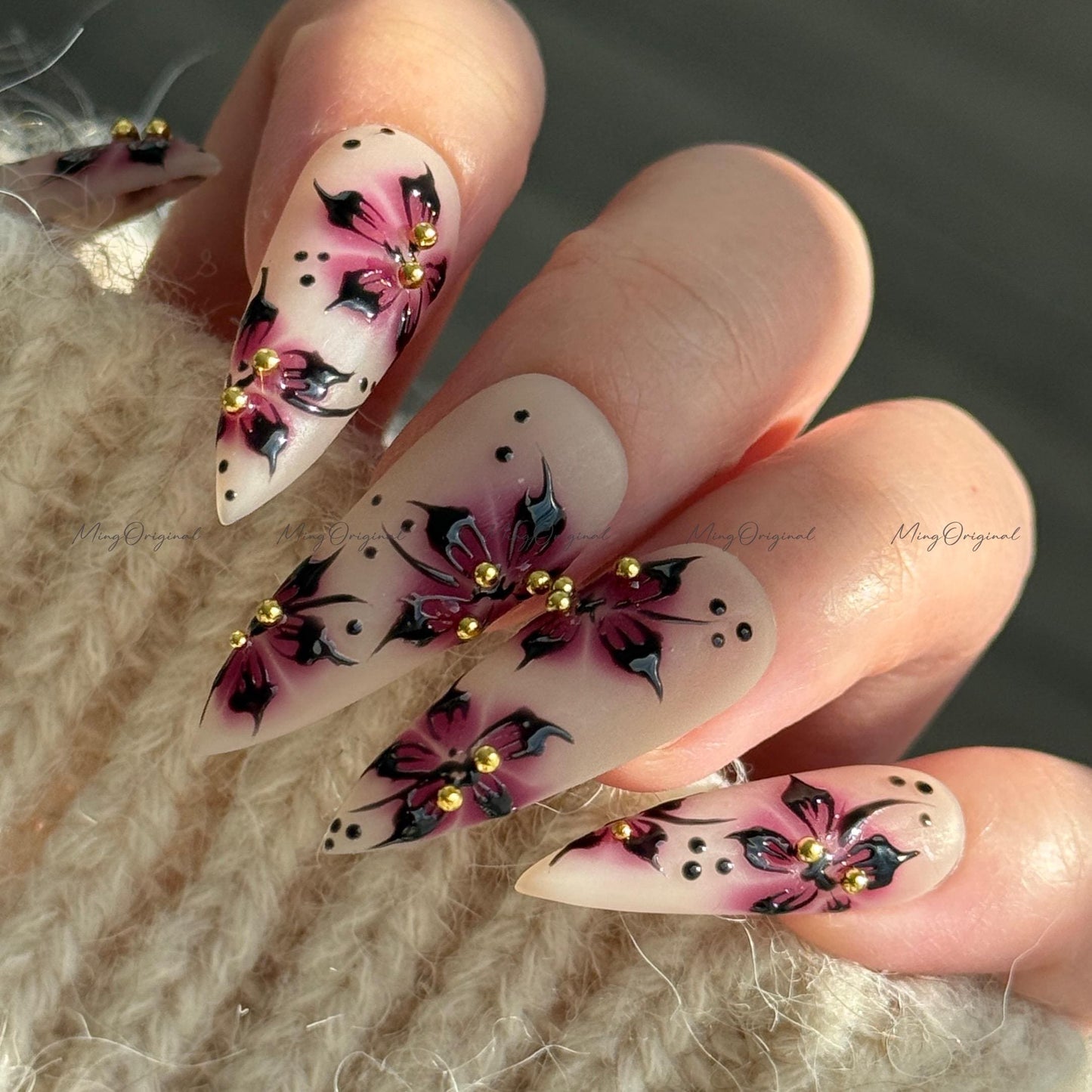 Purple Floral Press-On Nails, Nude Handmade Purple & Black Flower Nail Art, Gold Accents, Reusable False Nails, MO730