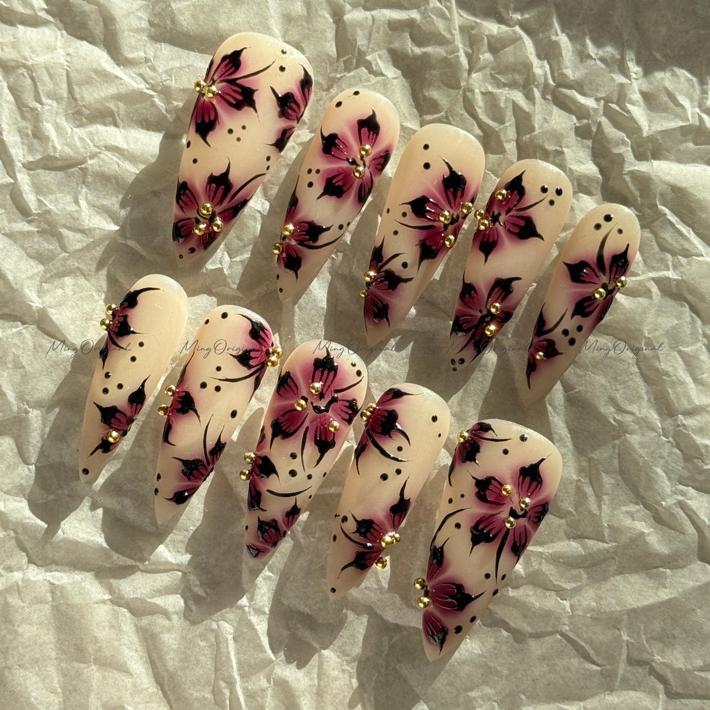 Purple Floral Press-On Nails, Nude Handmade Purple & Black Flower Nail Art, Gold Accents, Reusable False Nails, MO730