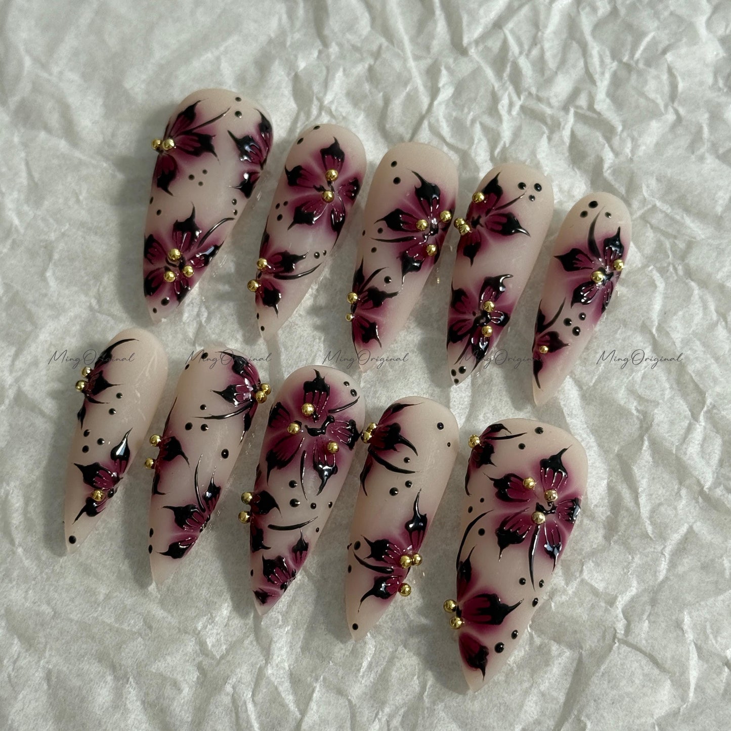 Purple Floral Press-On Nails, Nude Handmade Purple & Black Flower Nail Art, Gold Accents, Reusable False Nails, MO730