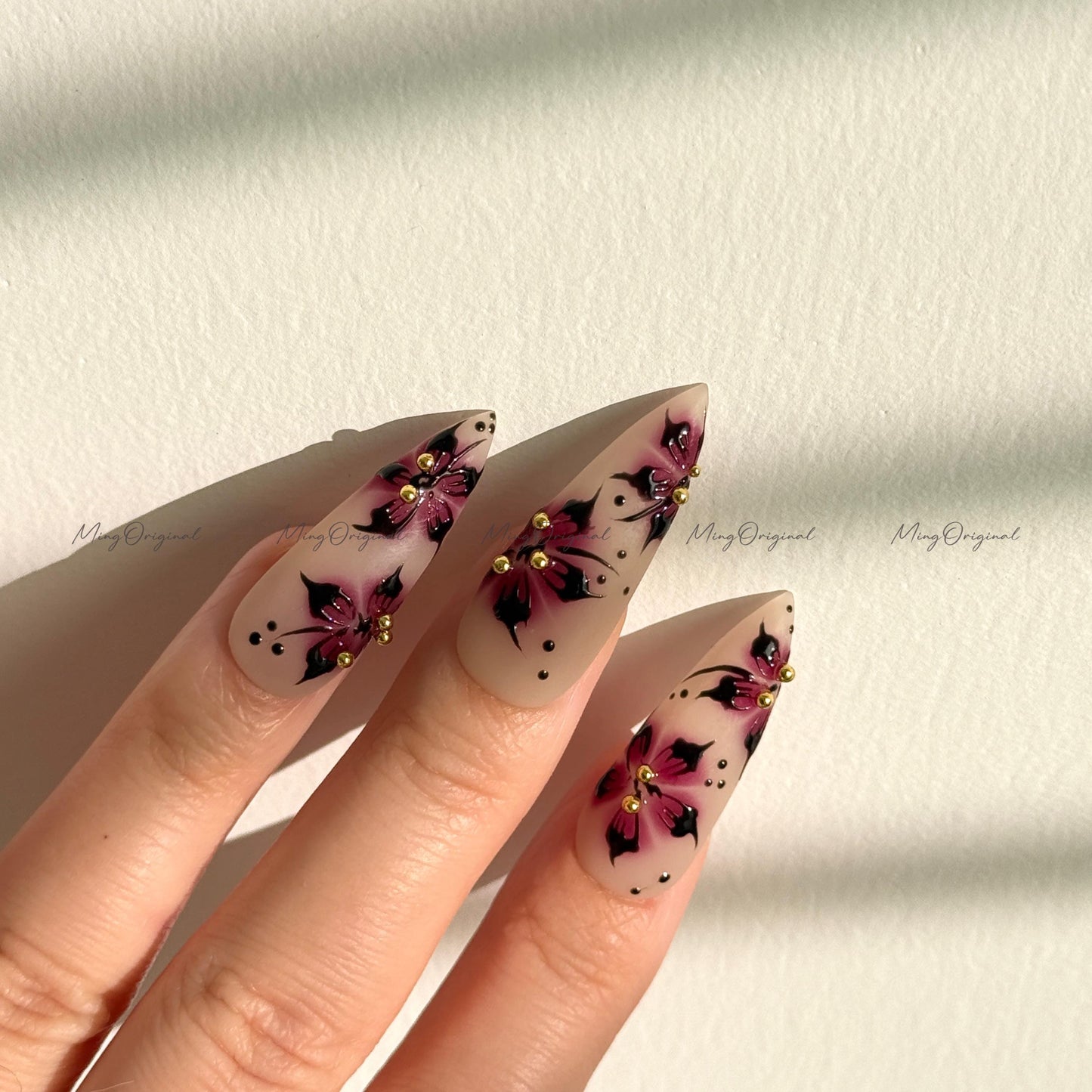 Purple Floral Press-On Nails, Nude Handmade Purple & Black Flower Nail Art, Gold Accents, Reusable False Nails, MO730