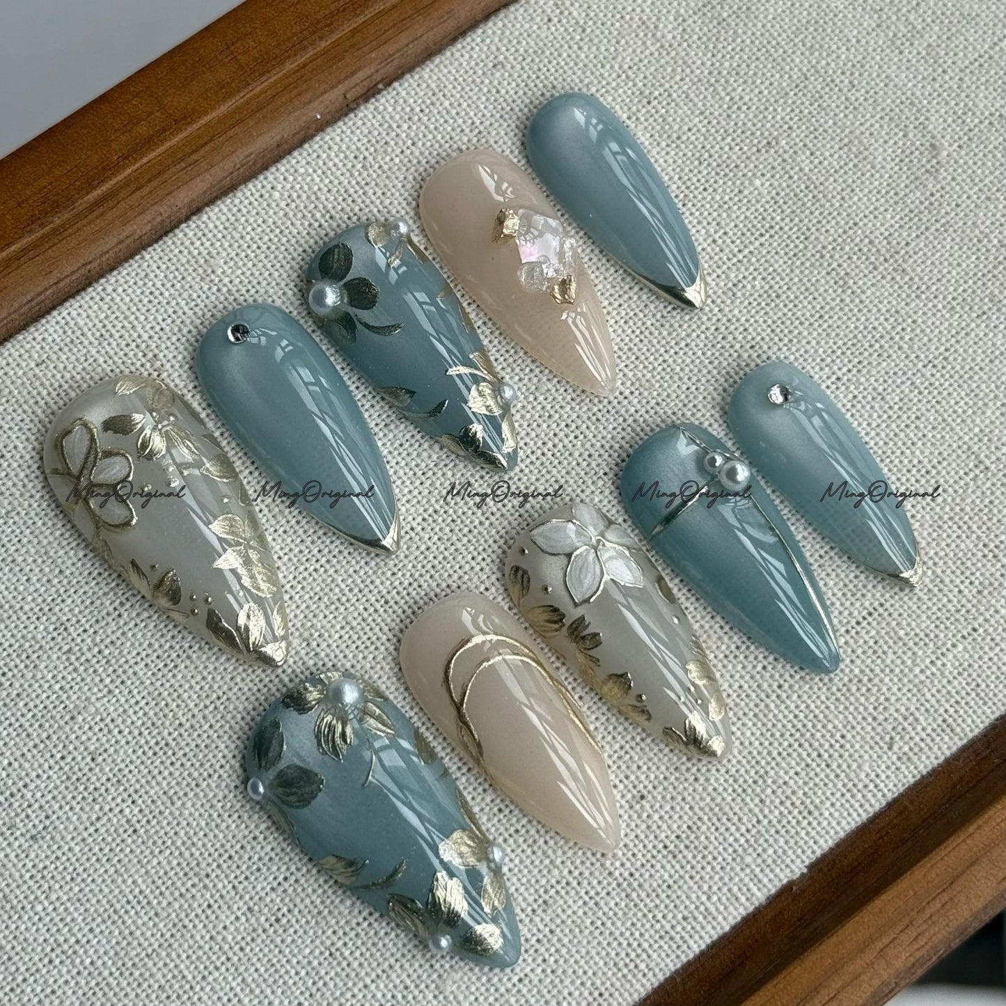 Floral Press On Nails, Blue Cat Eye, Gold Flower and Pearl Nail Art, Taupe and Sage Nail Set, Elegant Handmade Nails, Reusable Nail, MO705