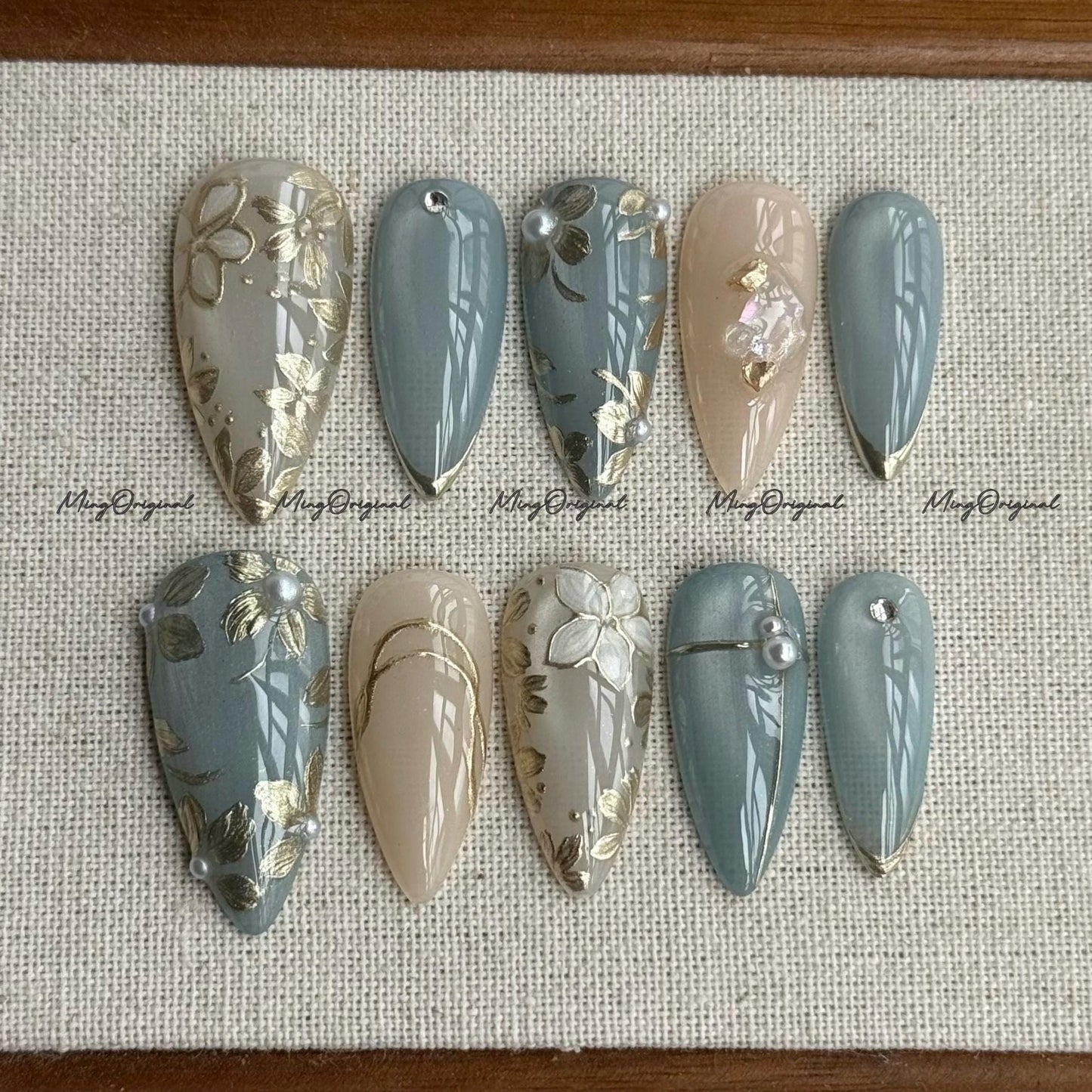 Floral Press On Nails, Blue Cat Eye, Gold Flower and Pearl Nail Art, Taupe and Sage Nail Set, Elegant Handmade Nails, Reusable Nail, MO705