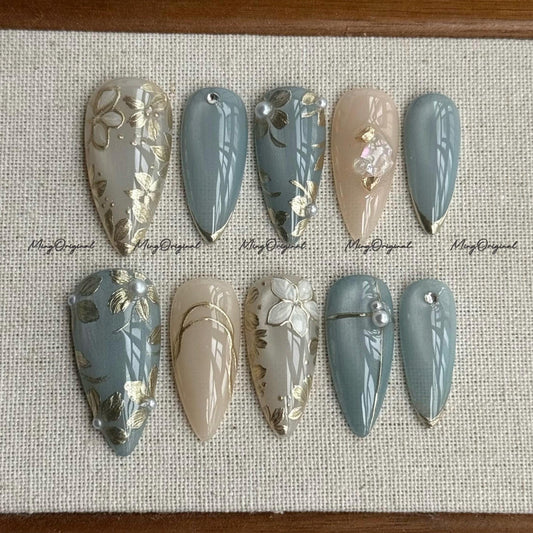 Floral Press On Nails, Blue Cat Eye, Gold Flower and Pearl Nail Art, Taupe and Sage Nail Set, Elegant Handmade Nails, Reusable Nail, MO705