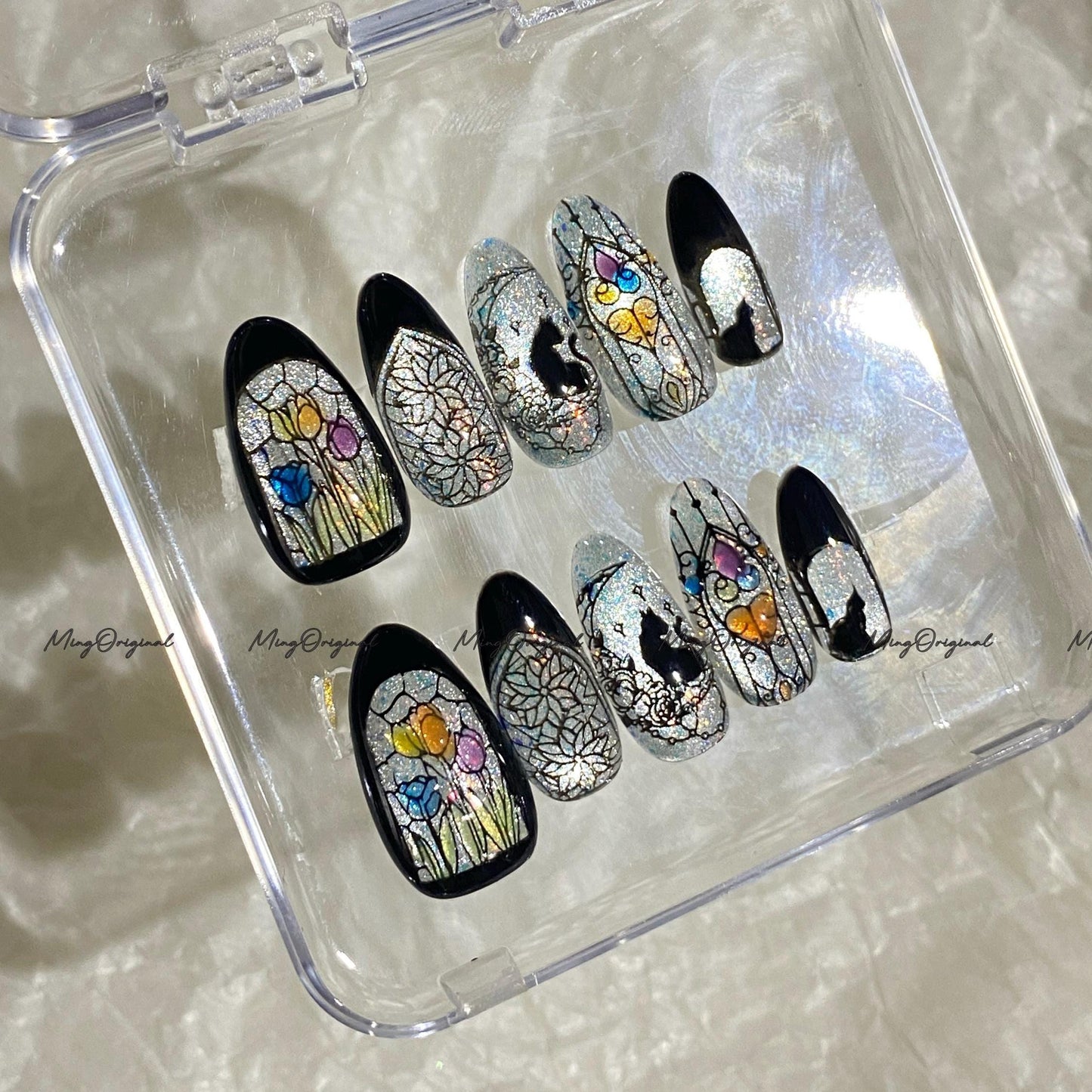 Christmas Black Stained Glass Window Glittery press on nails, Sparkling Cat Eye, Retro Shadow Cat and Tulips hand painted nail, MO706