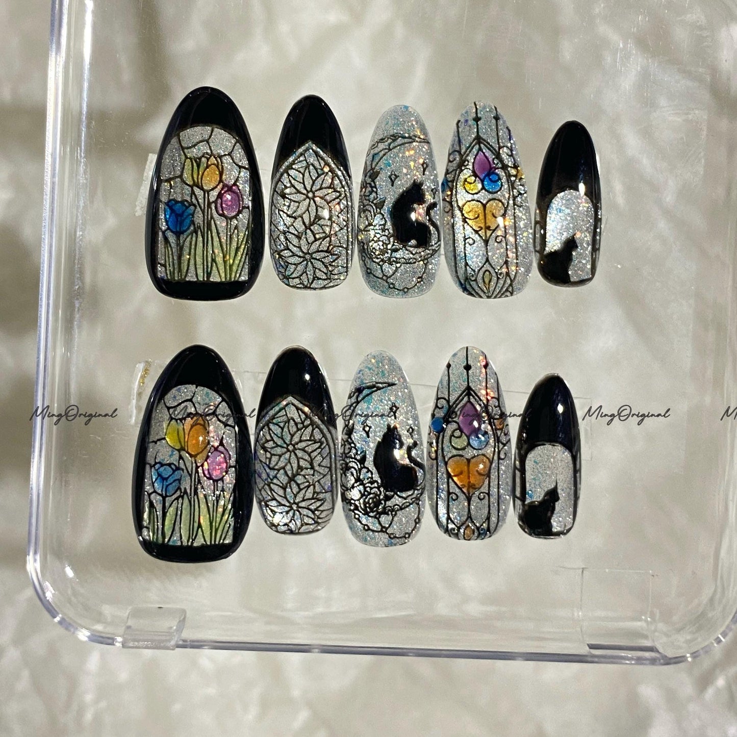 Christmas Black Stained Glass Window Glittery press on nails, Sparkling Cat Eye, Retro Shadow Cat and Tulips hand painted nail, MO706