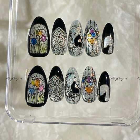 Christmas Black Stained Glass Window Glittery press on nails, Sparkling Cat Eye, Retro Shadow Cat and Tulips hand painted nail, MO706