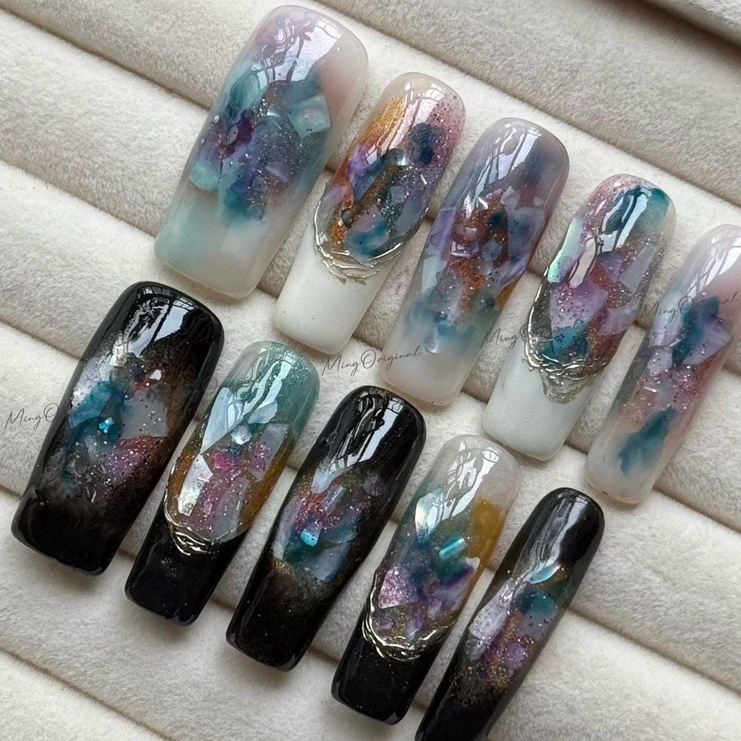 Iridescent Sea Shell Press-On Nails, Handmade Long Nail Art with Glitter, Multicolor Marble Aurora Shimmer, Reusable False Nails,MO731