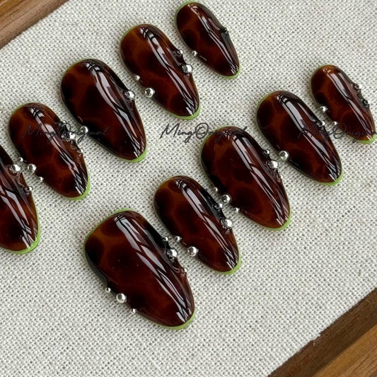 Classic Tortoise Shell Amber Water Blooming Press on Nails, Abstract Green, Jelly hand painted nail, fall winter nail, gift for her, MO359