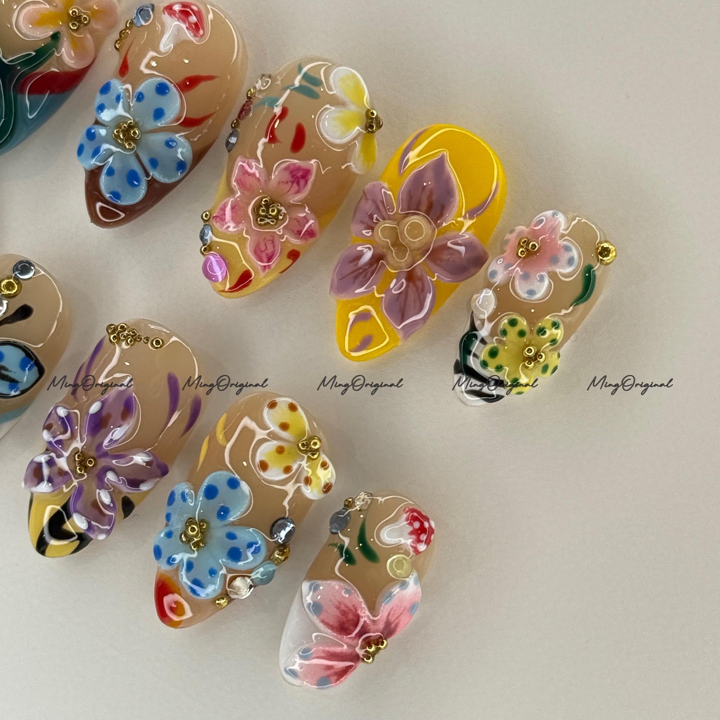 3D sculptured flower and butterfly Press on Nails, Free Style tropical Fairycore lotus Floral nail, ladybirds fake nail, gift for her, MO732