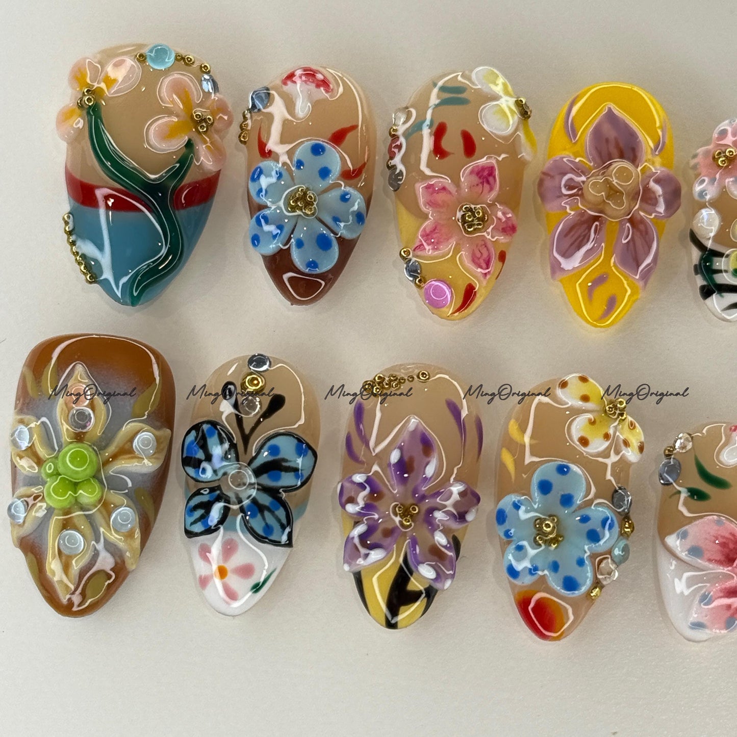 3D sculptured flower and butterfly Press on Nails, Free Style tropical Fairycore lotus Floral nail, ladybirds fake nail, gift for her, MO732