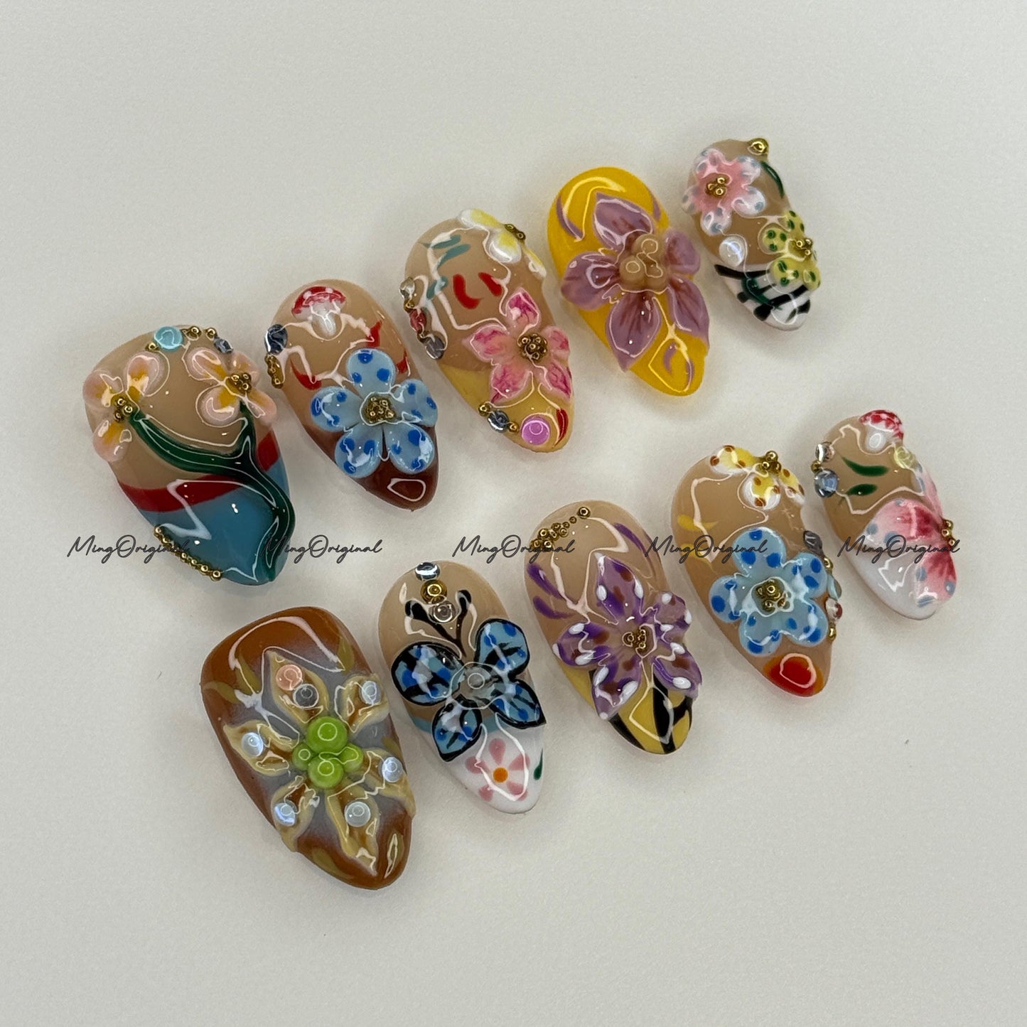 3D sculptured flower and butterfly Press on Nails, Free Style tropical Fairycore lotus Floral nail, ladybirds fake nail, gift for her, MO732