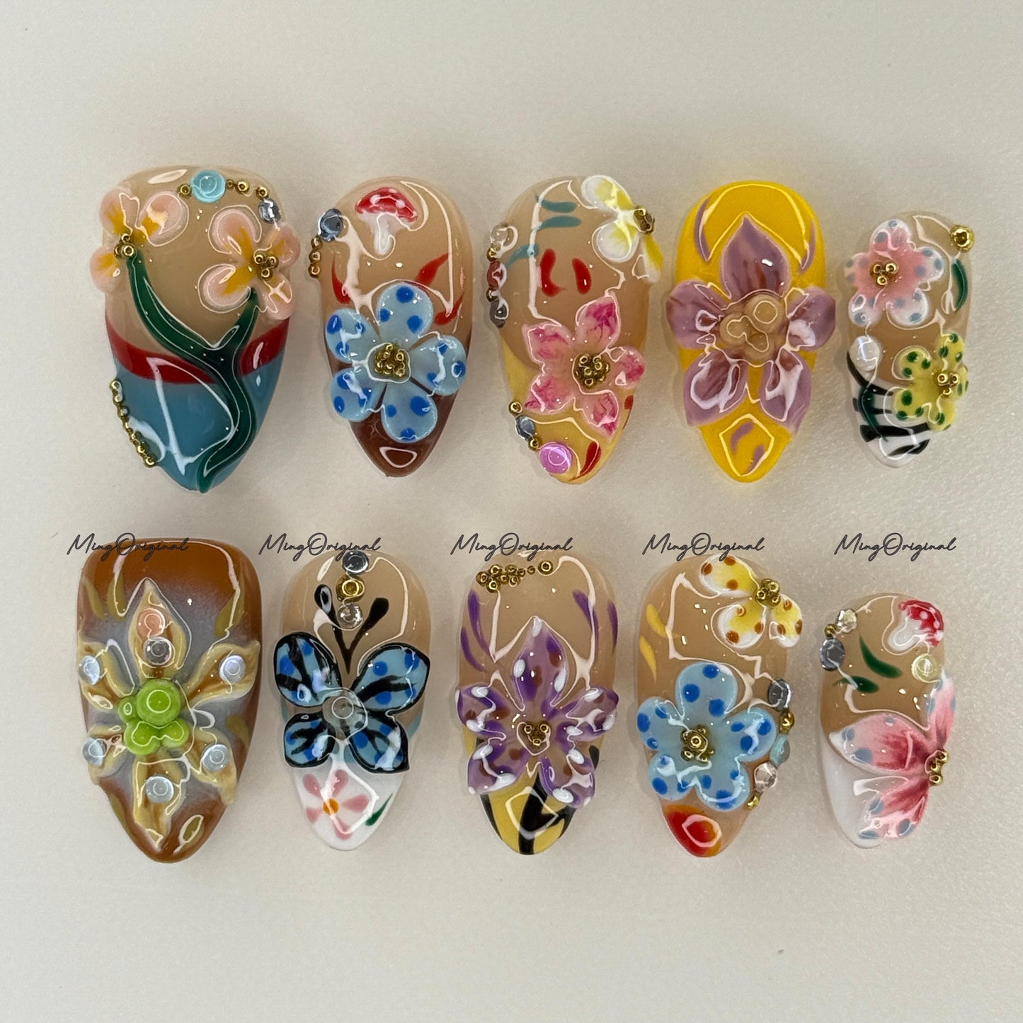3D sculptured flower and butterfly Press on Nails, Free Style tropical Fairycore lotus Floral nail, ladybirds fake nail, gift for her, MO732