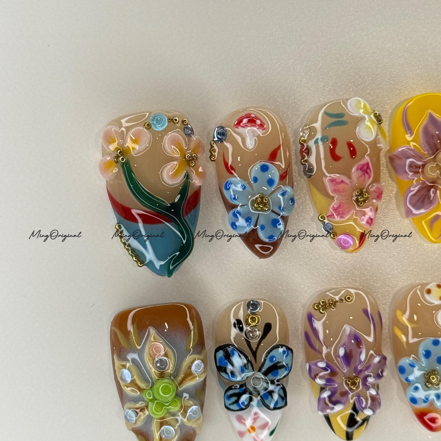 3D sculptured flower and butterfly Press on Nails, Free Style tropical Fairycore lotus Floral nail, ladybirds fake nail, gift for her, MO732