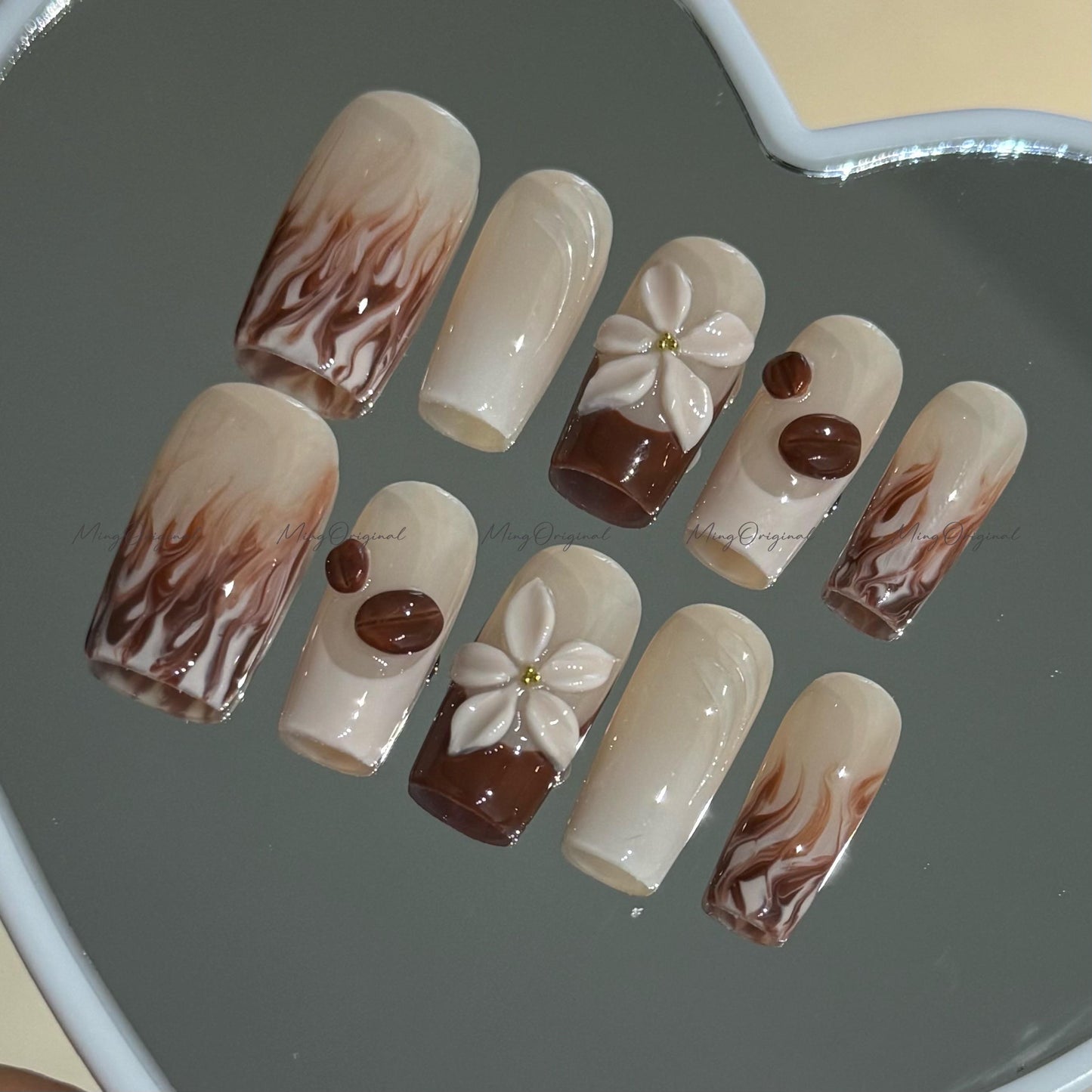 Espresso Coffee press on nails, milky latte brown and white swirl nails with 3D coffee beans, milky flower reusable nail, MO733