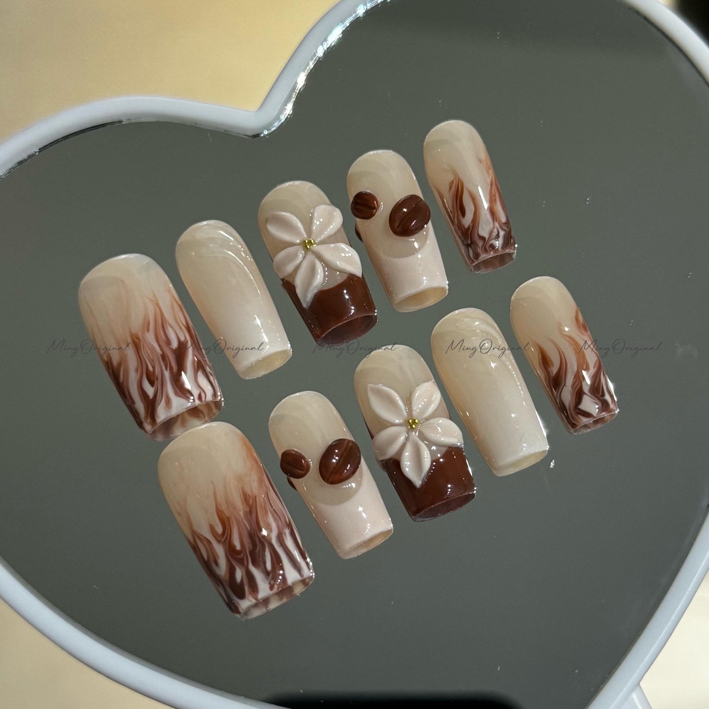 Espresso Coffee press on nails, milky latte brown and white swirl nails with 3D coffee beans, milky flower reusable nail, MO733