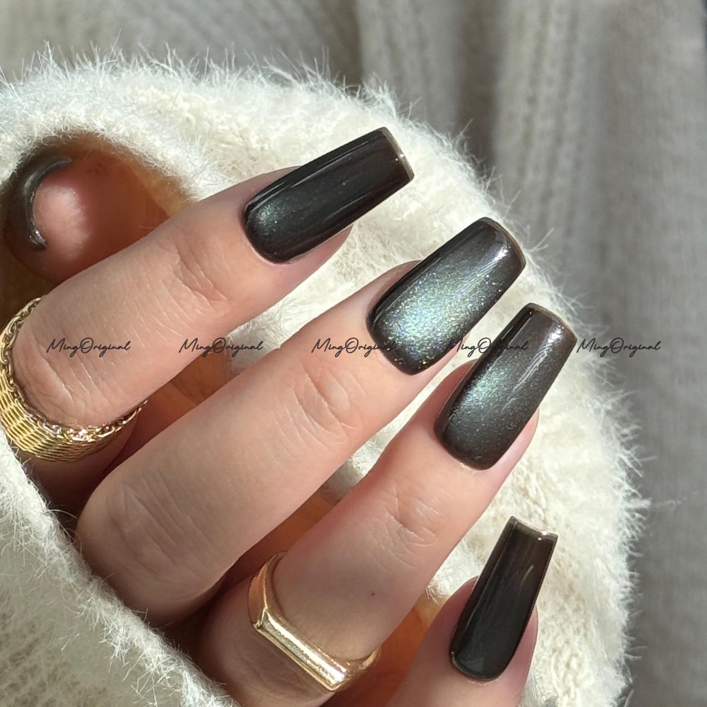 Chocolate Mint Cat Eye Press on Nails, chocolate brown nails, reuse nails, jelly fake nail, glitter shine gel nail, autumn fall nail,MO710