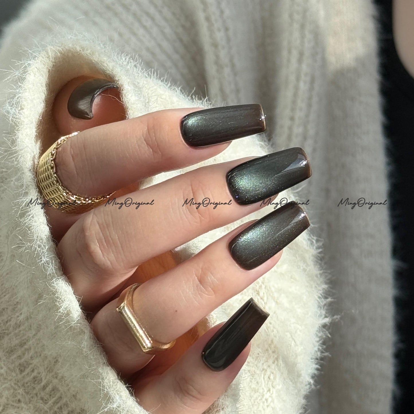 Chocolate Mint Cat Eye Press on Nails, chocolate brown nails, reuse nails, jelly fake nail, glitter shine gel nail, autumn fall nail,MO710