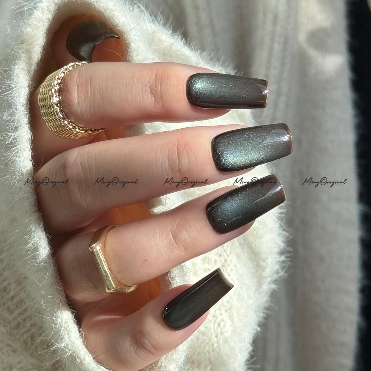 Chocolate Mint Cat Eye Press on Nails, chocolate brown nails, reuse nails, jelly fake nail, glitter shine gel nail, autumn fall nail,MO710