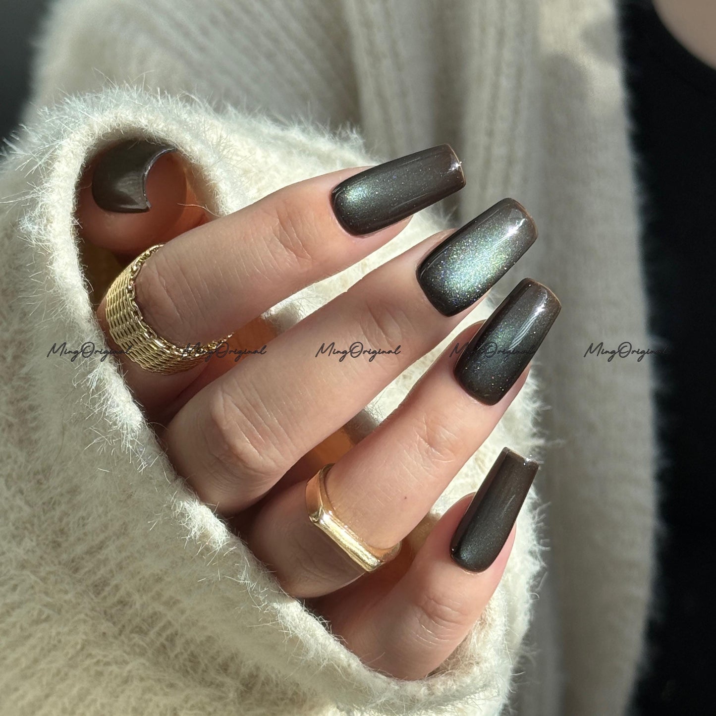 Chocolate Mint Cat Eye Press on Nails, chocolate brown nails, reuse nails, jelly fake nail, glitter shine gel nail, autumn fall nail,MO710