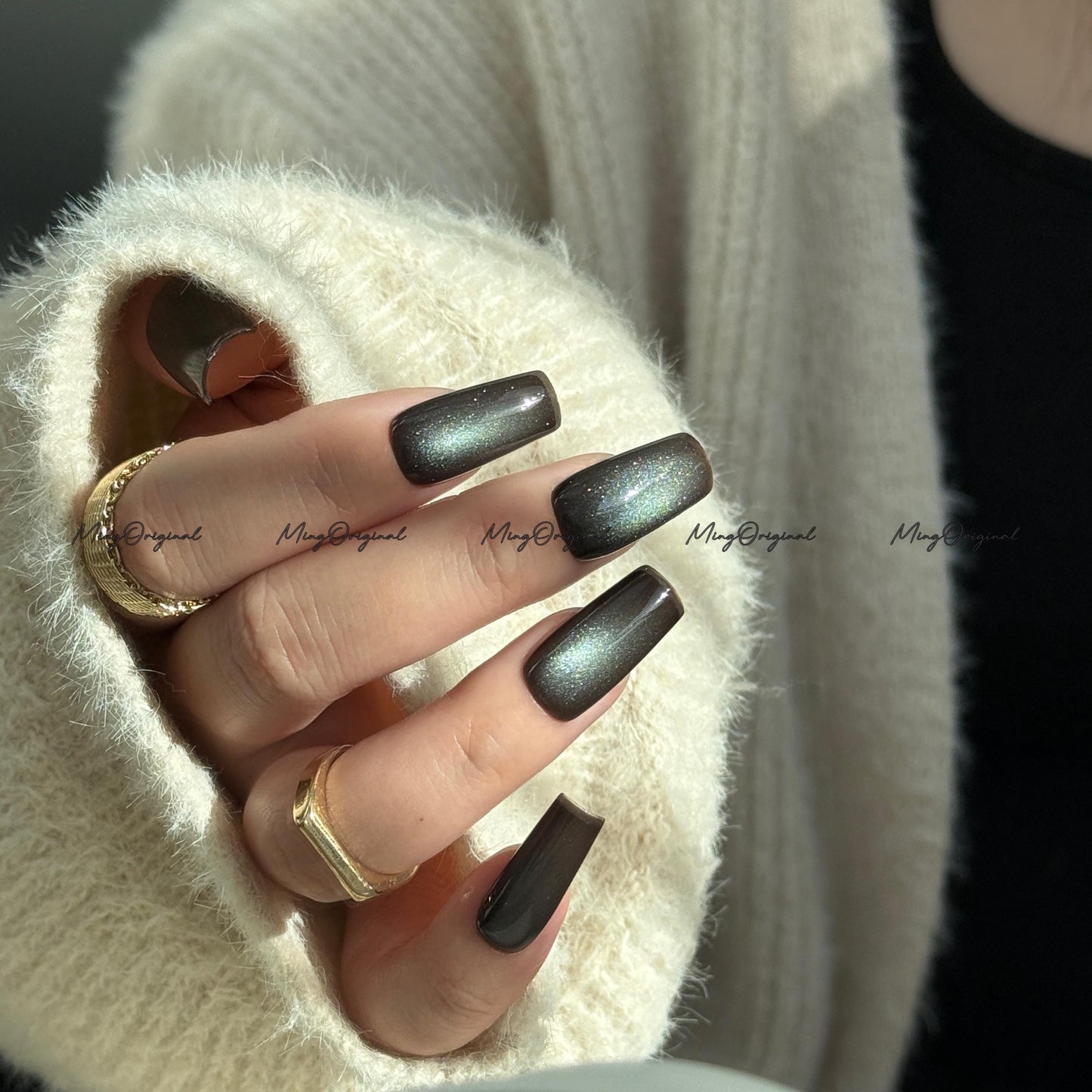 Chocolate Mint Cat Eye Press on Nails, chocolate brown nails, reuse nails, jelly fake nail, glitter shine gel nail, autumn fall nail,MO710