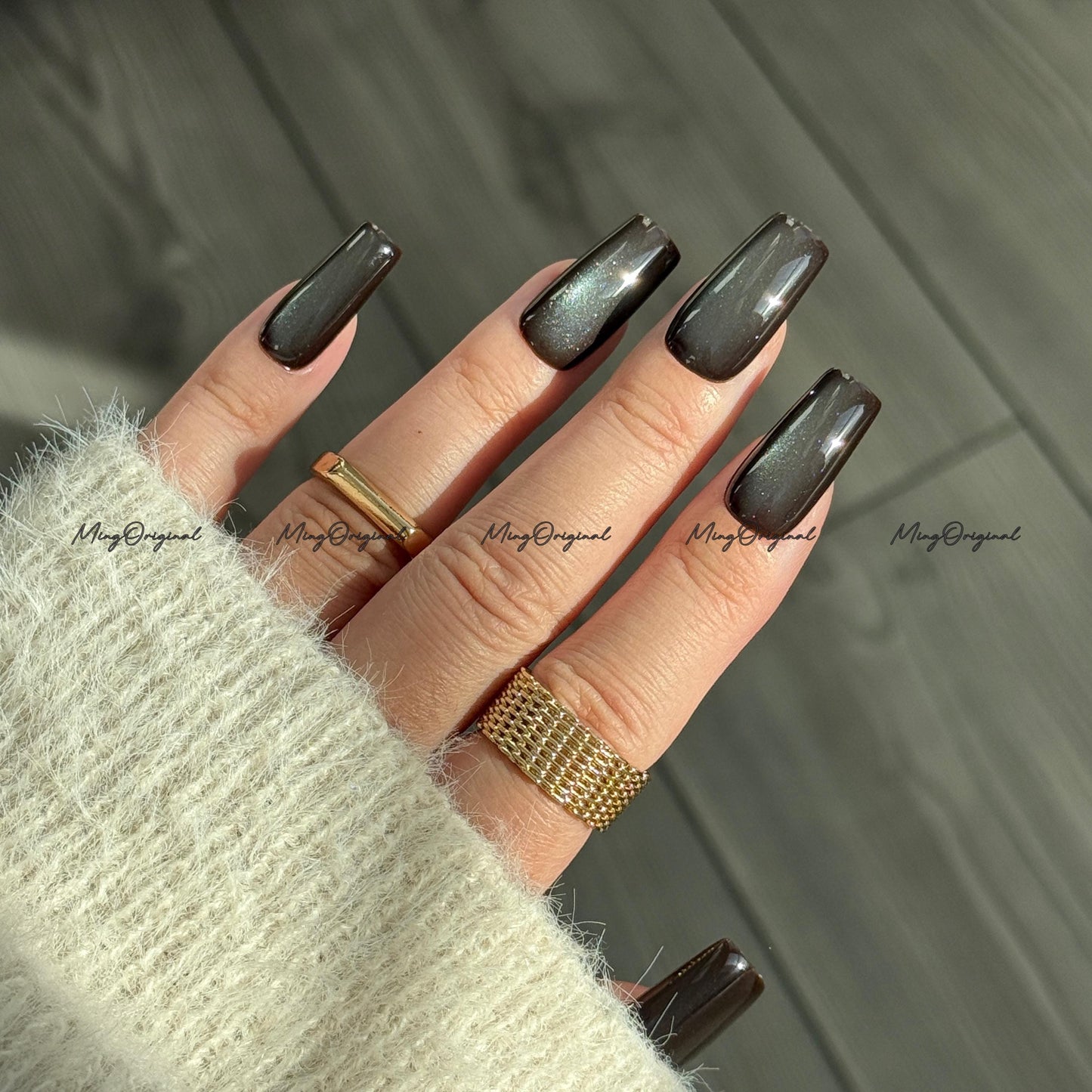 Chocolate Mint Cat Eye Press on Nails, chocolate brown nails, reuse nails, jelly fake nail, glitter shine gel nail, autumn fall nail,MO710