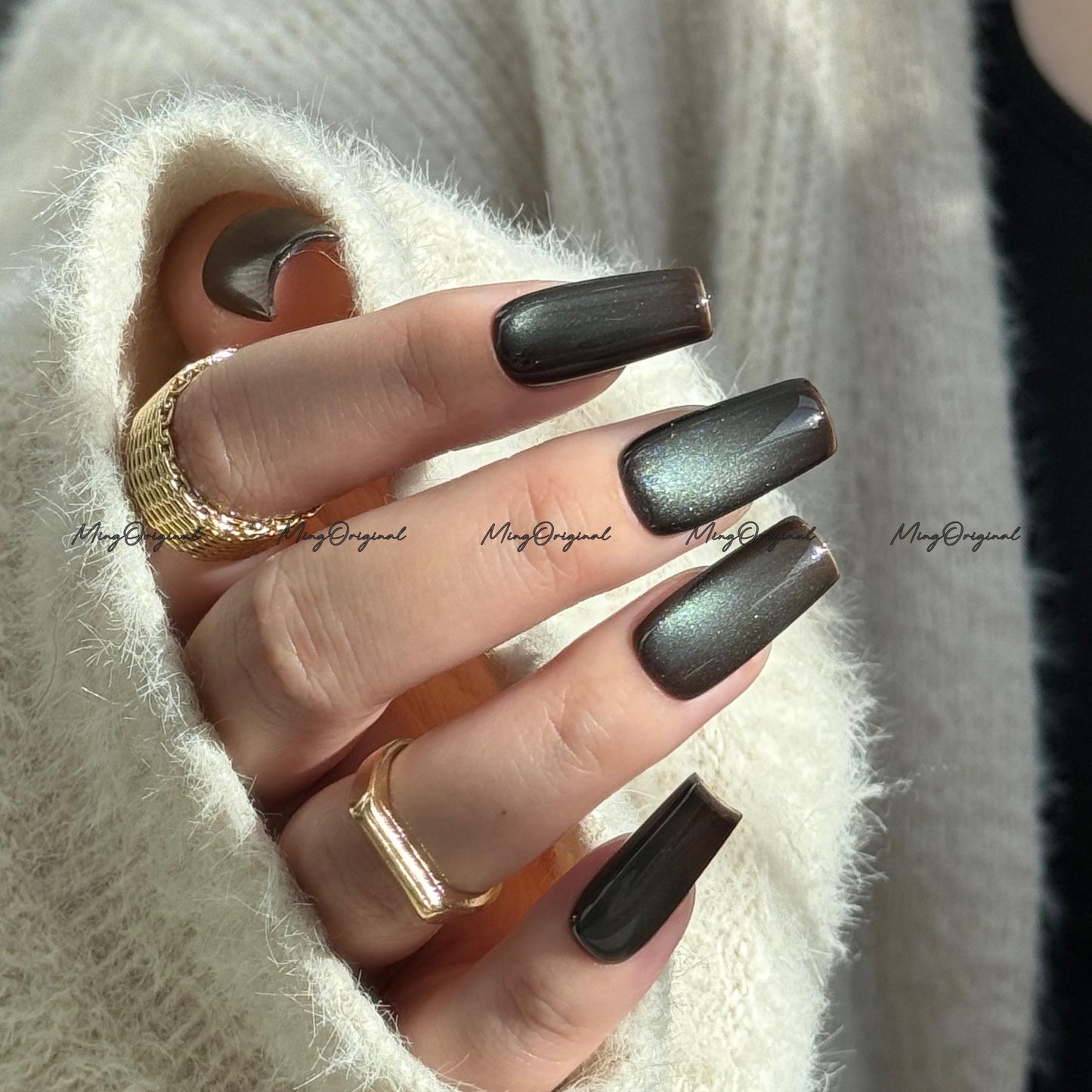 Chocolate Mint Cat Eye Press on Nails, chocolate brown nails, reuse nails, jelly fake nail, glitter shine gel nail, autumn fall nail,MO710
