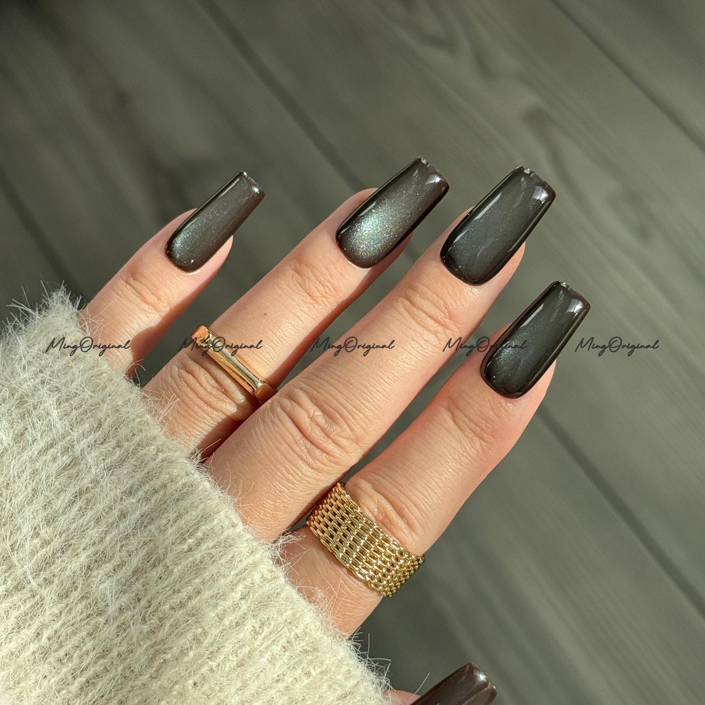 Chocolate Mint Cat Eye Press on Nails, chocolate brown nails, reuse nails, jelly fake nail, glitter shine gel nail, autumn fall nail,MO710