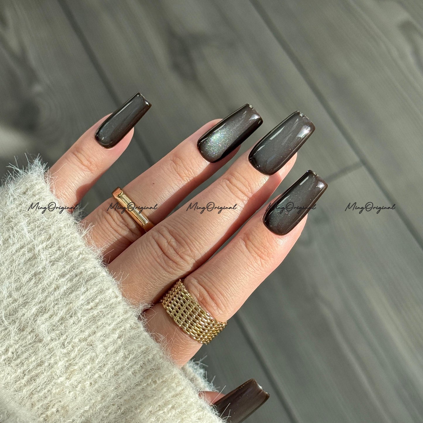 Chocolate Mint Cat Eye Press on Nails, chocolate brown nails, reuse nails, jelly fake nail, glitter shine gel nail, autumn fall nail,MO710