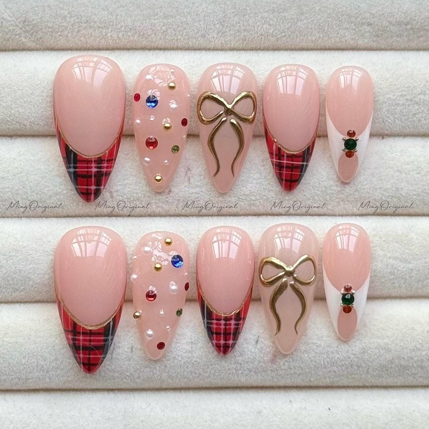 Christmas Plaid Press on Nail, rhinestone and gold bow nails, French tip design, Reusable Nails, Holiday Fake Nails, Fake Nail, MO735