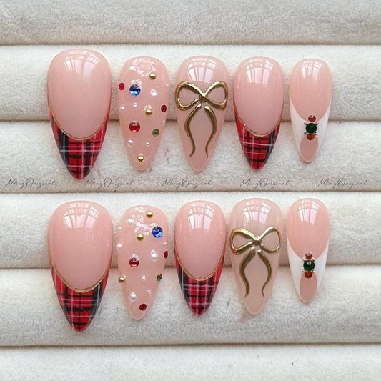 Christmas Plaid Press on Nail, rhinestone and gold bow nails, French tip design, Reusable Nails, Holiday Fake Nails, Fake Nail, MO735
