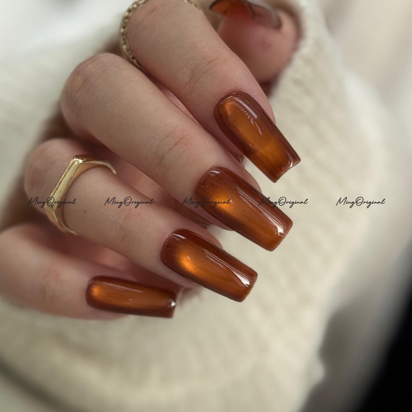 Da Amber Press On Nails, Amber cat eye nail, brown nails, reuse nails, jelly fake nail, glitter shine gel nail, MO711