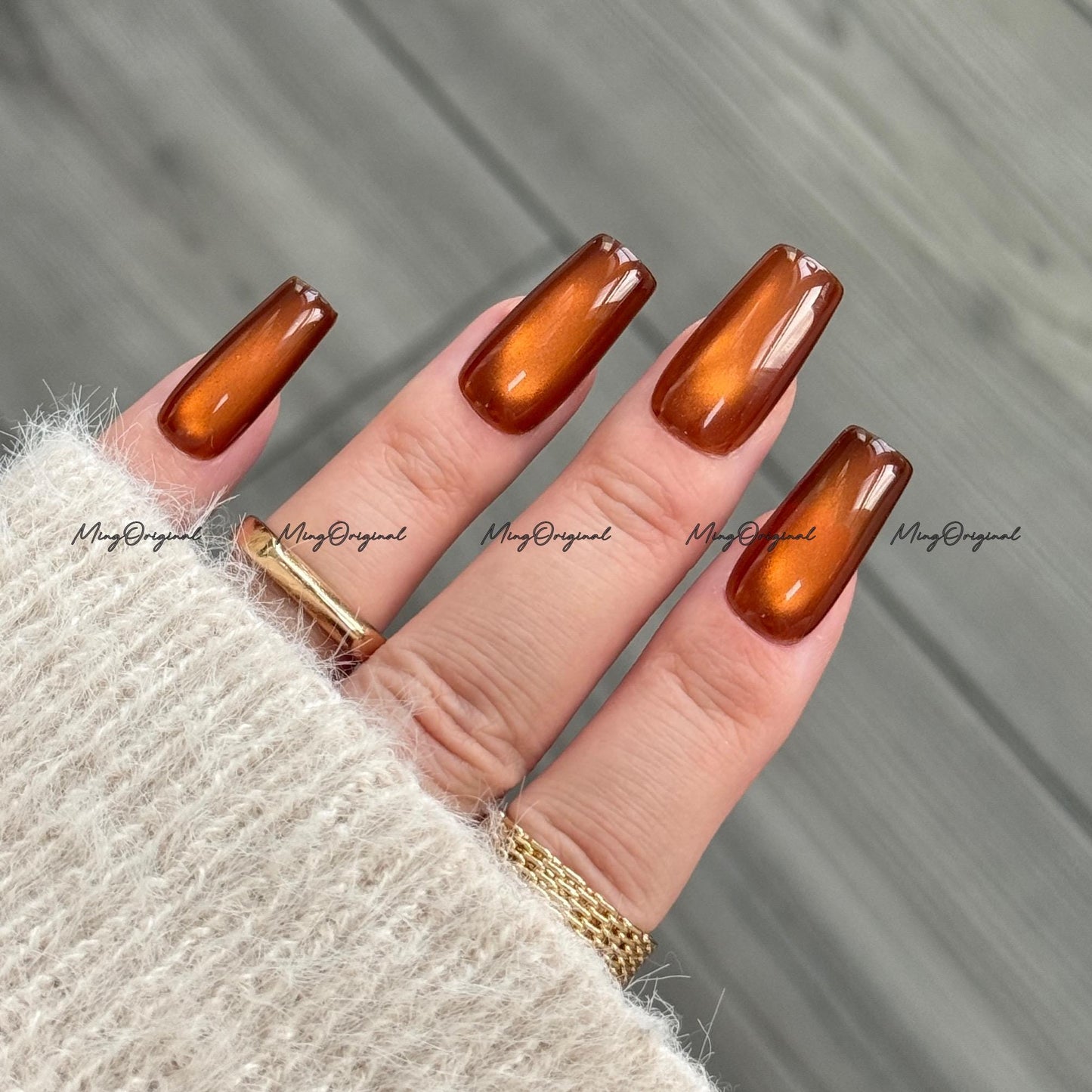 Da Amber Press On Nails, Amber cat eye nail, brown nails, reuse nails, jelly fake nail, glitter shine gel nail, MO711