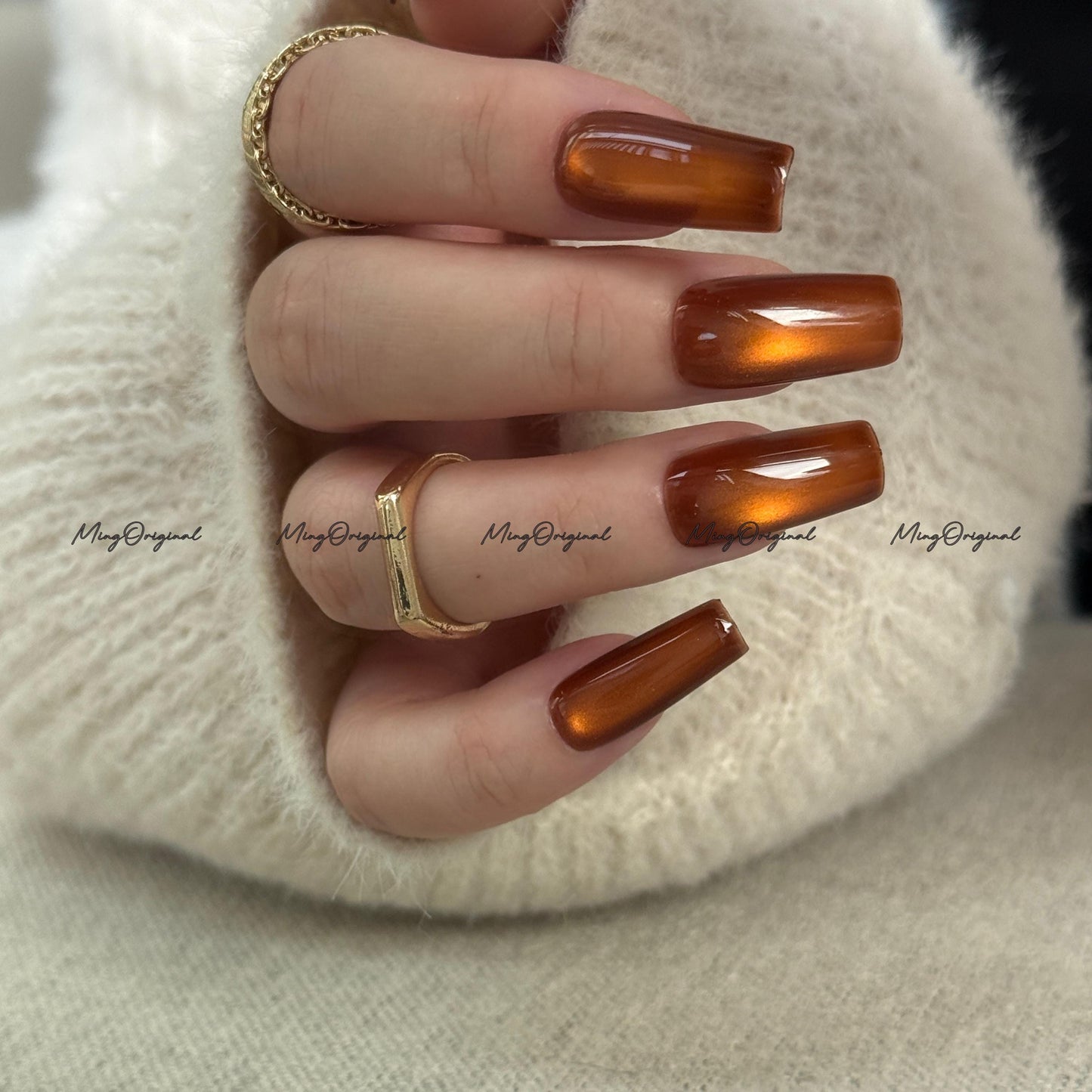 Da Amber Press On Nails, Amber cat eye nail, brown nails, reuse nails, jelly fake nail, glitter shine gel nail, MO711