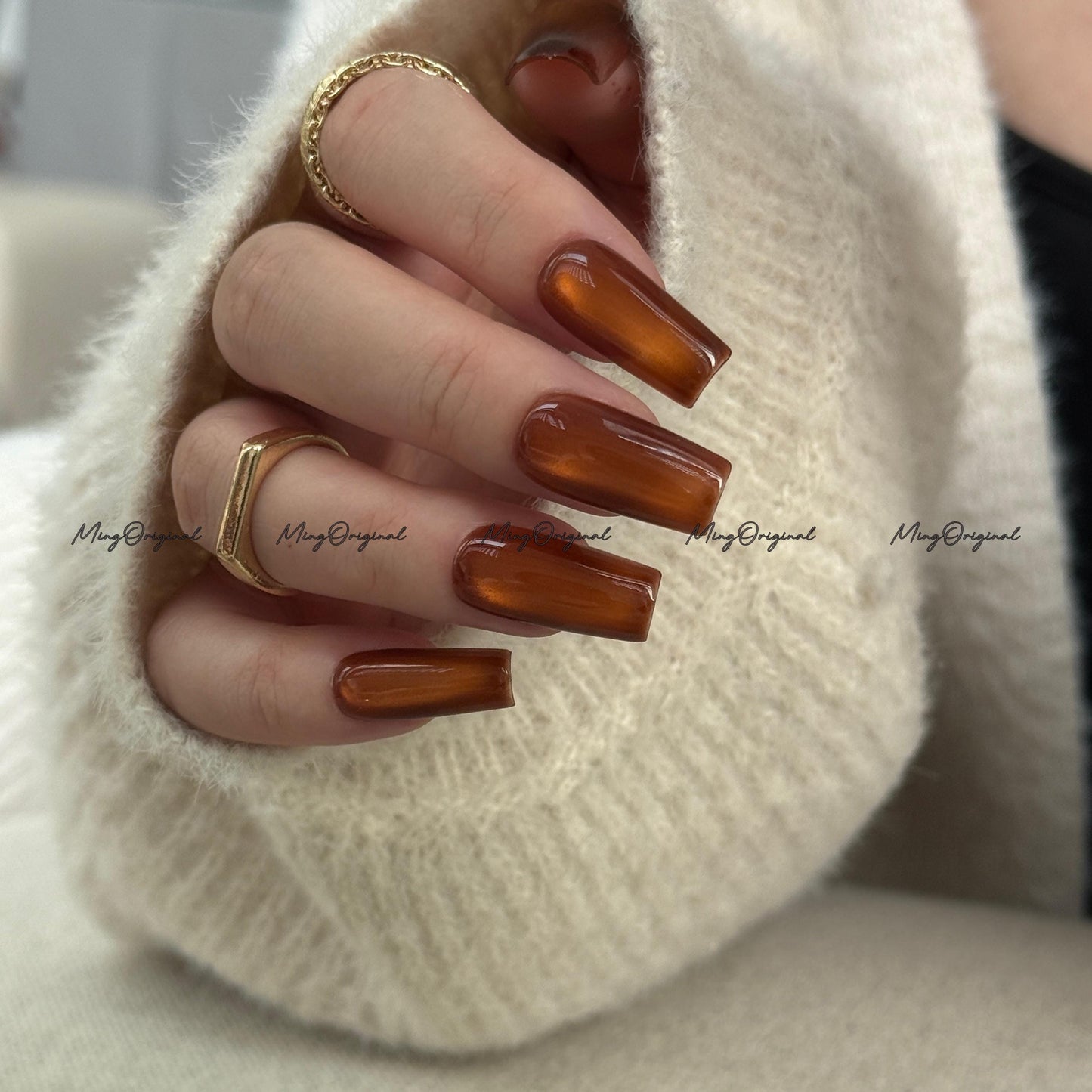 Da Amber Press On Nails, Amber cat eye nail, brown nails, reuse nails, jelly fake nail, glitter shine gel nail, MO711
