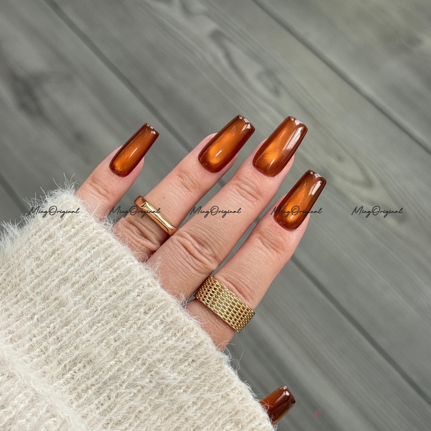 Da Amber Press On Nails, Amber cat eye nail, brown nails, reuse nails, jelly fake nail, glitter shine gel nail, MO711
