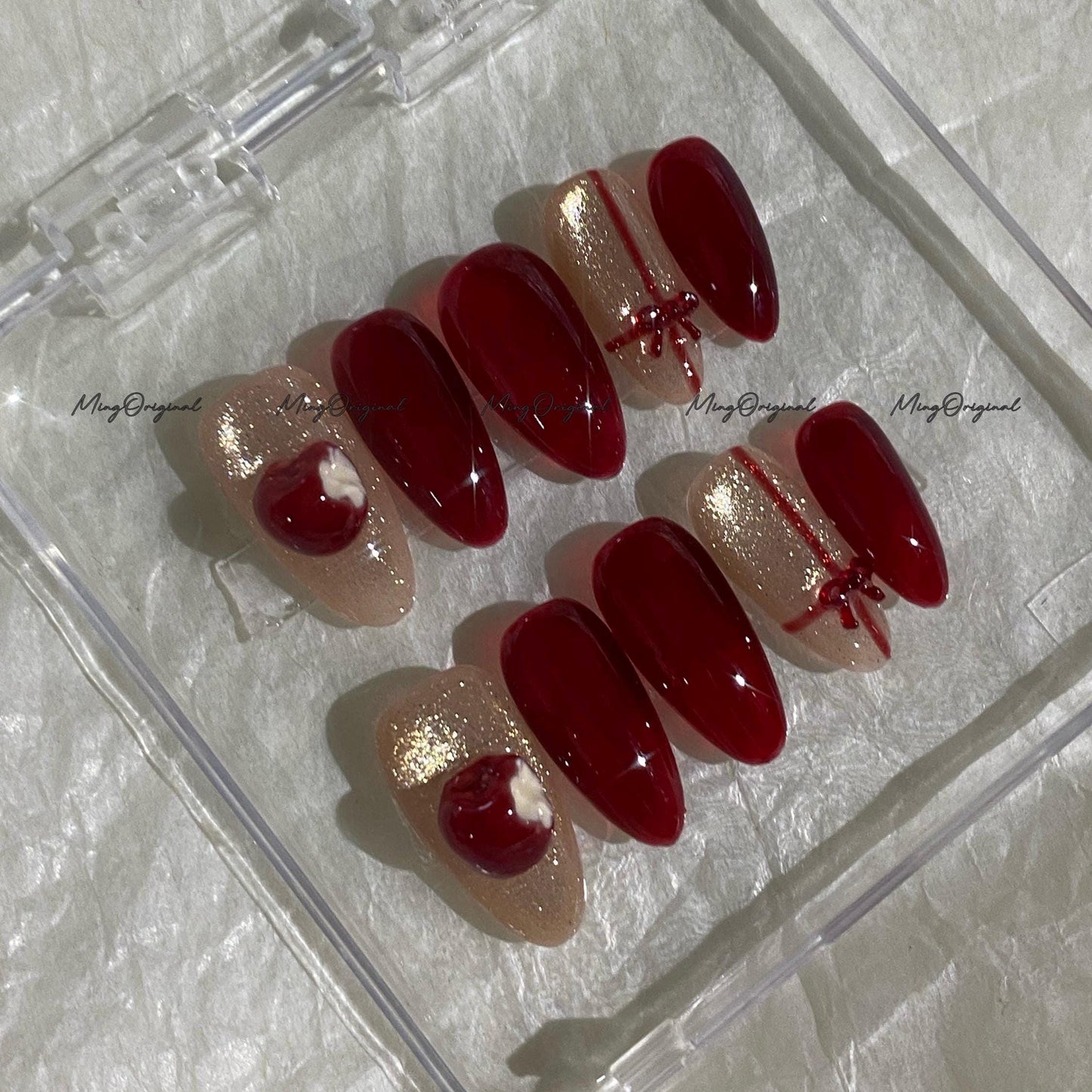 Apple Bite Fruit Lover press on nails, gift wrap red nails, glittery cat eye, sparkling nails, 3d nail, reusable nails, fake nail, MO736
