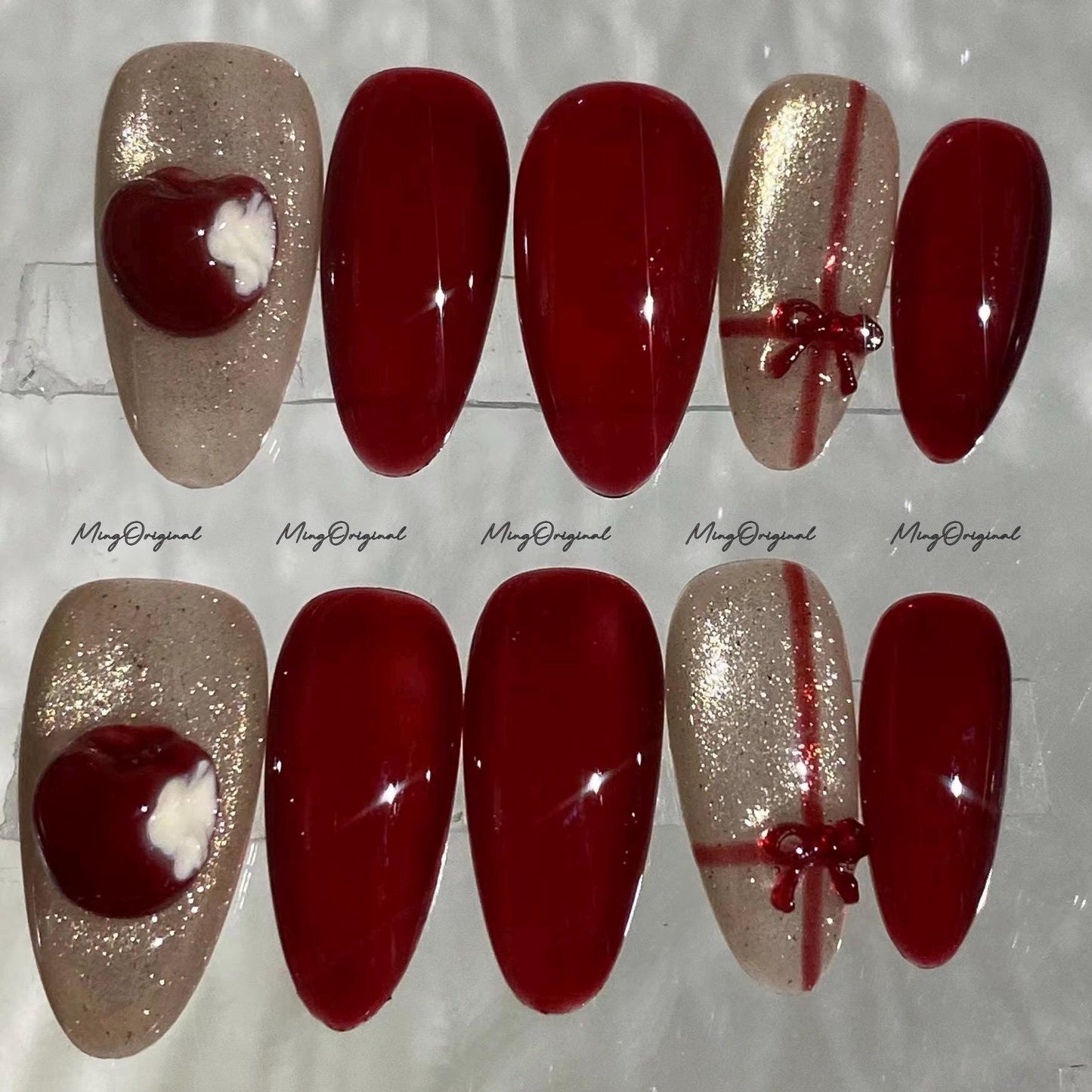Apple Bite Fruit Lover press on nails, gift wrap red nails, glittery cat eye, sparkling nails, 3d nail, reusable nails, fake nail, MO736