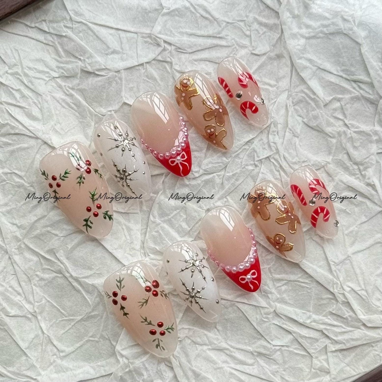 Christmas Holly Gingerbread man press on Nail, candy cane, snowflake and tree, glue on nail, Holiday Fake Nails, Gifts for Her, MO713