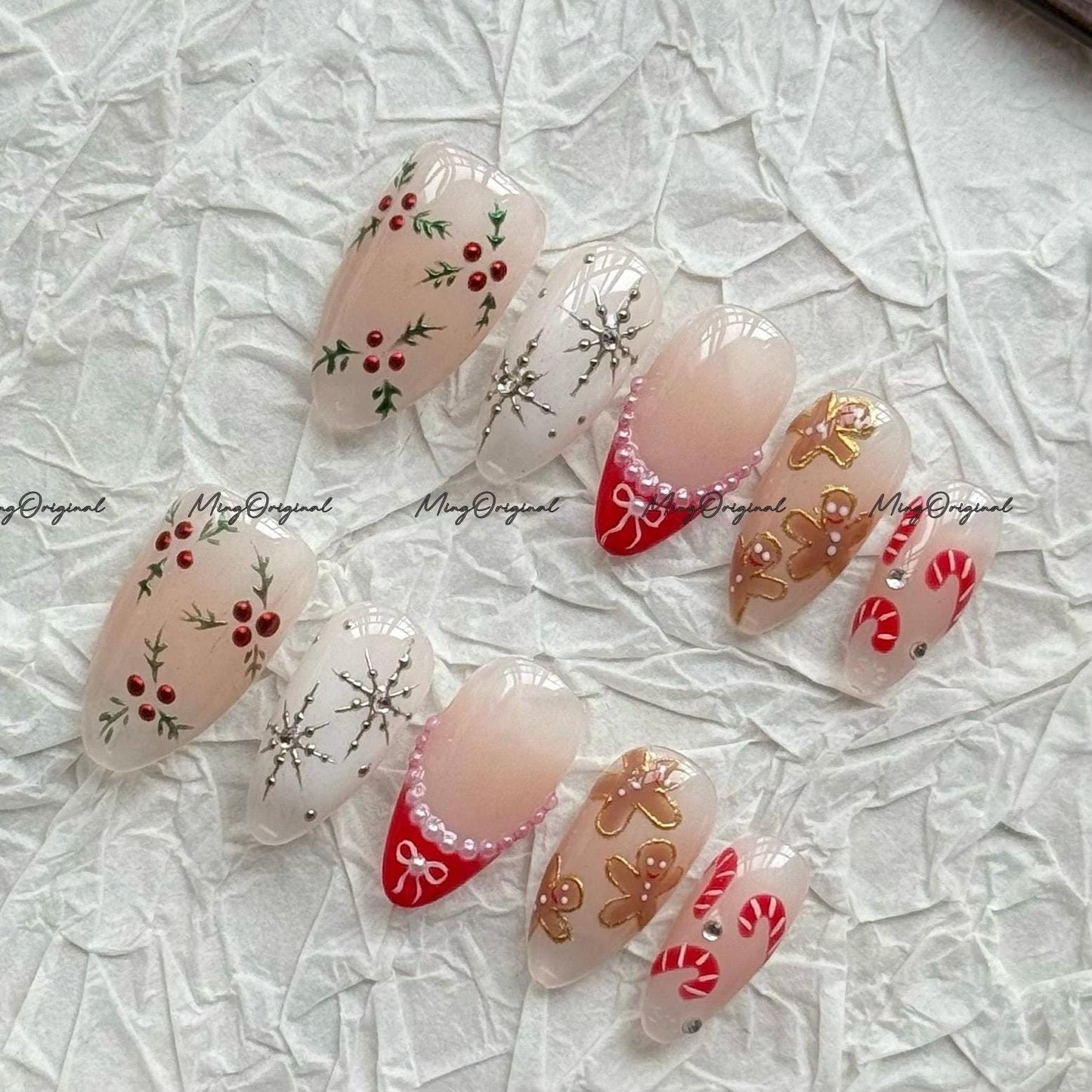 Christmas Holly Gingerbread man press on Nail, candy cane, snowflake and tree, glue on nail, Holiday Fake Nails, Gifts for Her, MO713