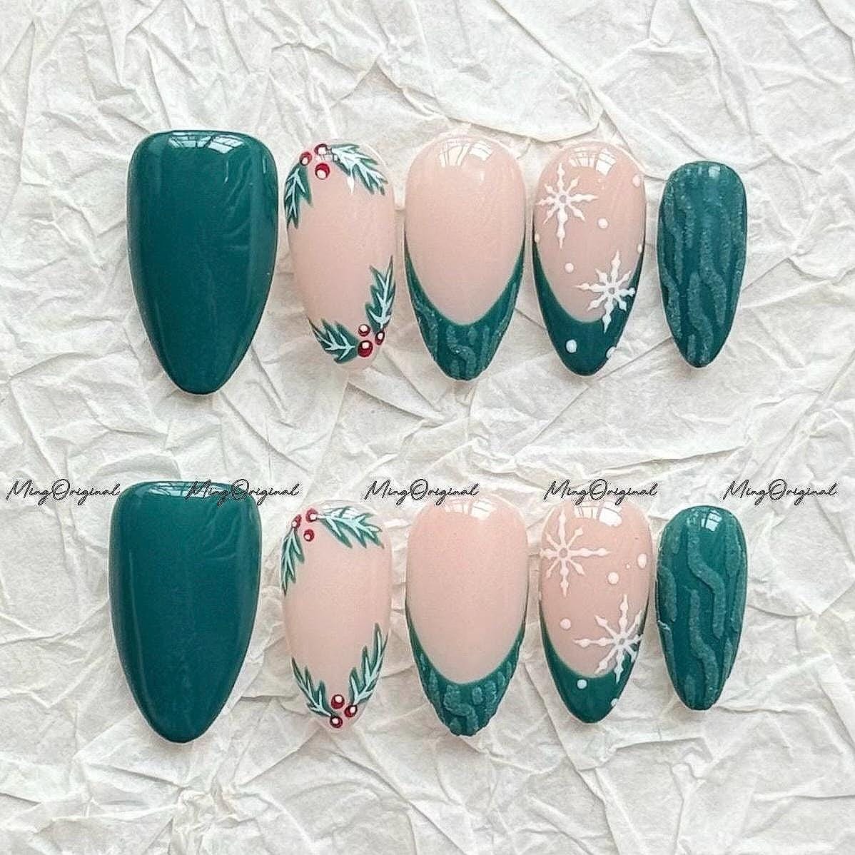 Christmas green sweater press on Nail, cherry tree and snowflake French tip nails, holly nail, Holiday Fake Nails, Gifts for Her, MO712