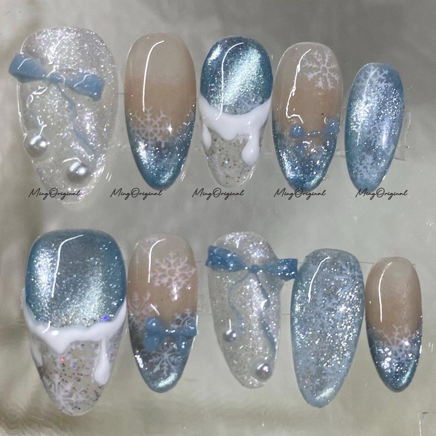 Frozen Sparkle Blue Ombre Press-On Nails, Reusable Glitter Snowflake Nail Set with Pearls, 3D Nail, Cat Eye Nails, MO737
