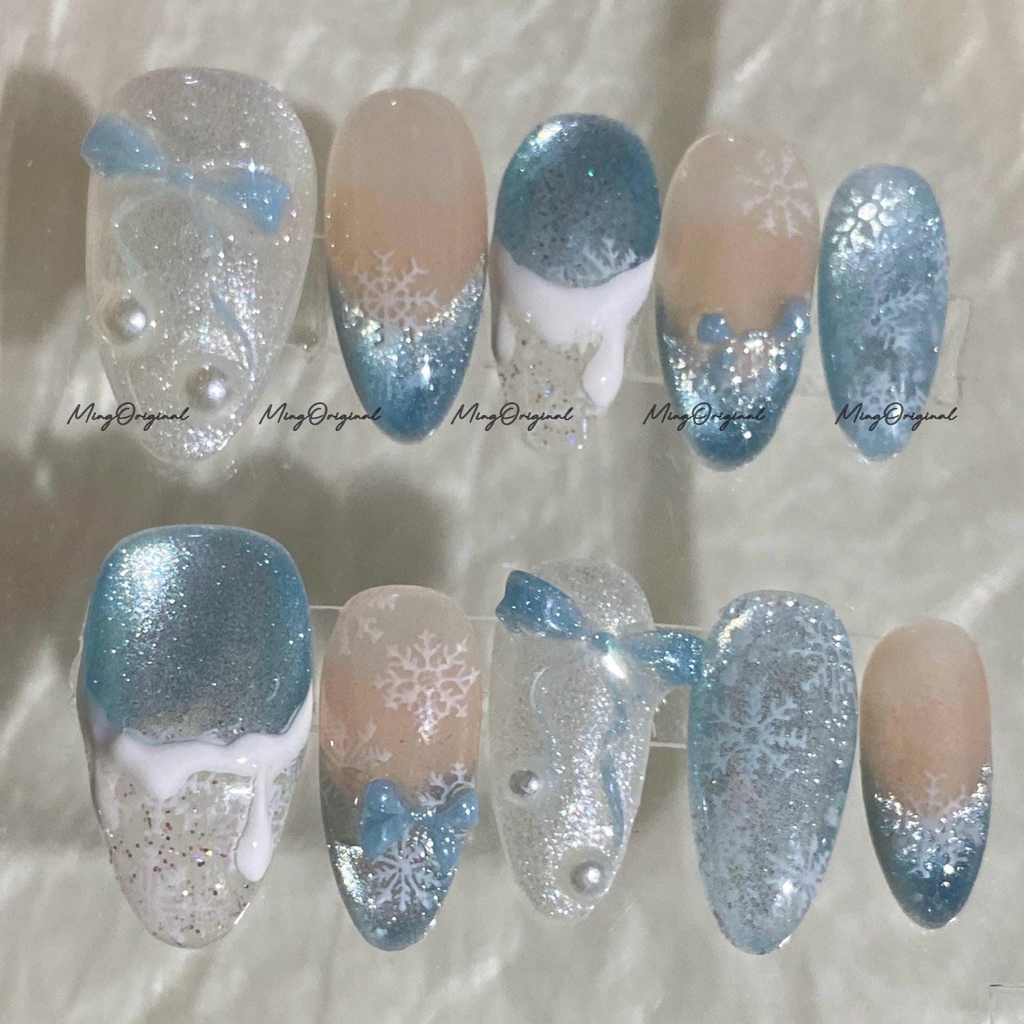 Frozen Sparkle Blue Ombre Press-On Nails, Reusable Glitter Snowflake Nail Set with Pearls, 3D Nail, Cat Eye Nails, MO737