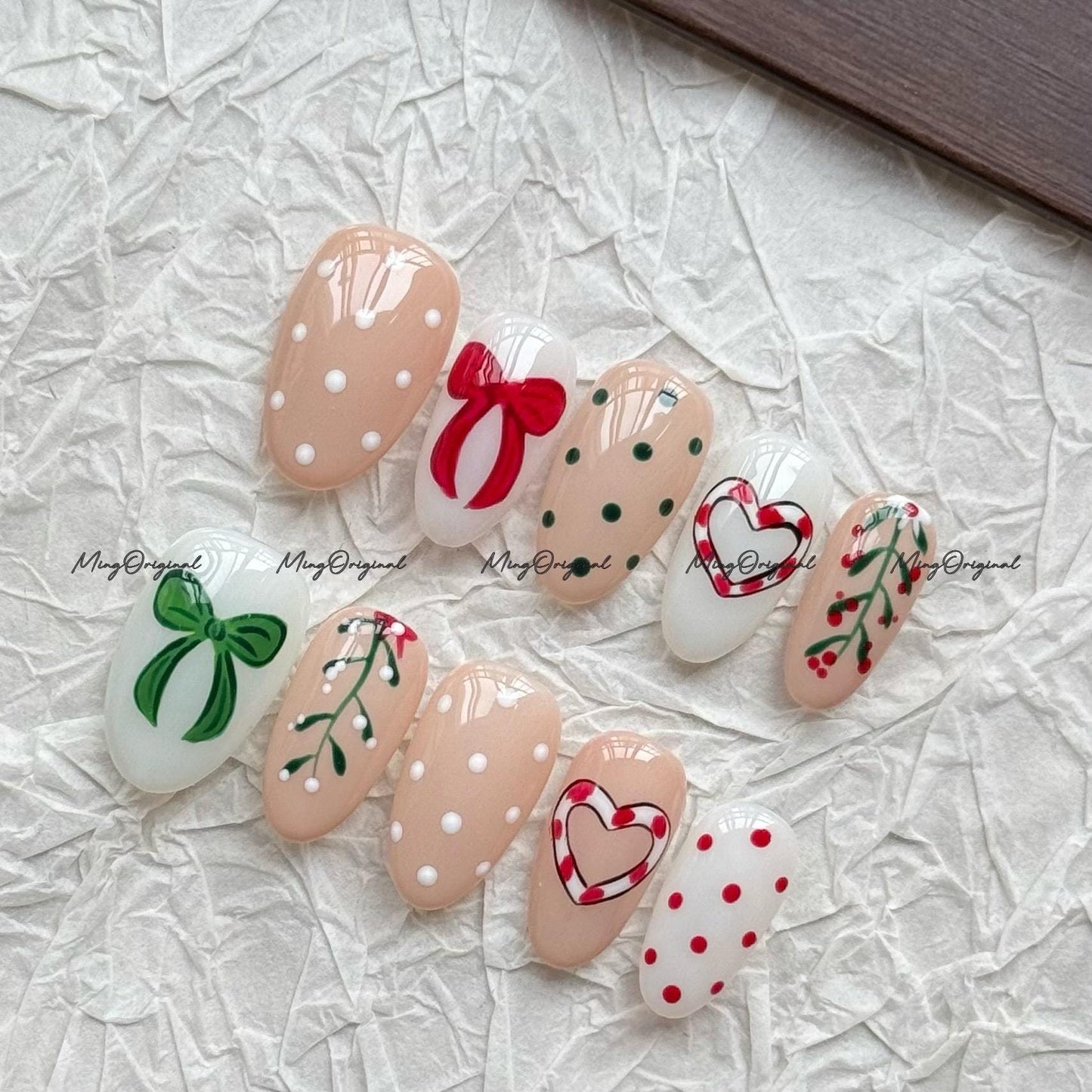 Christmas Bow Press on Nail, cherry tree and polka dots nails, milky white, green and red coquette, Holiday Fake Nails, Gifts for Her, MO714