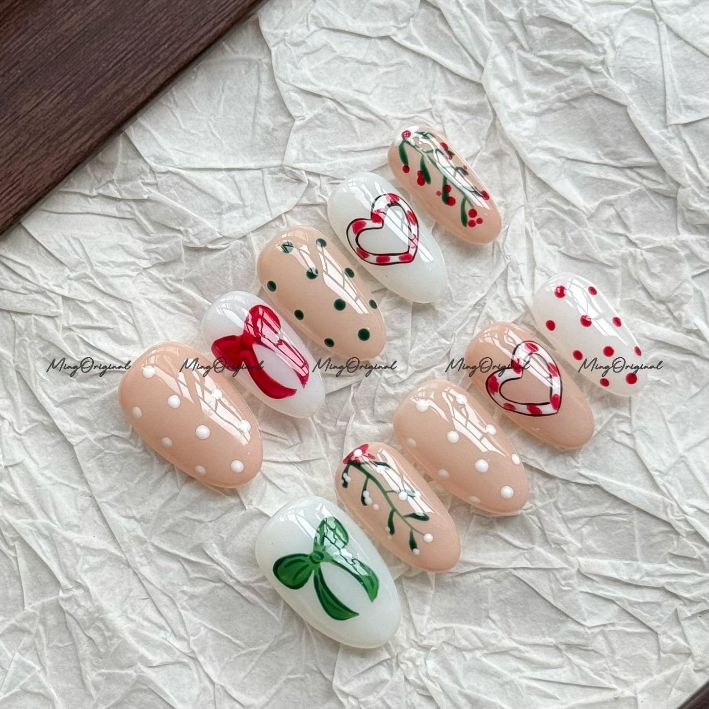 Christmas Bow Press on Nail, cherry tree and polka dots nails, milky white, green and red coquette, Holiday Fake Nails, Gifts for Her, MO714