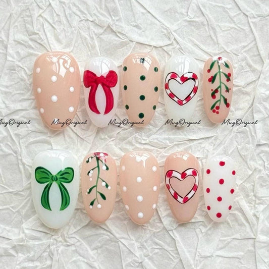Christmas Bow Press on Nail, cherry tree and polka dots nails, milky white, green and red coquette, Holiday Fake Nails, Gifts for Her, MO714