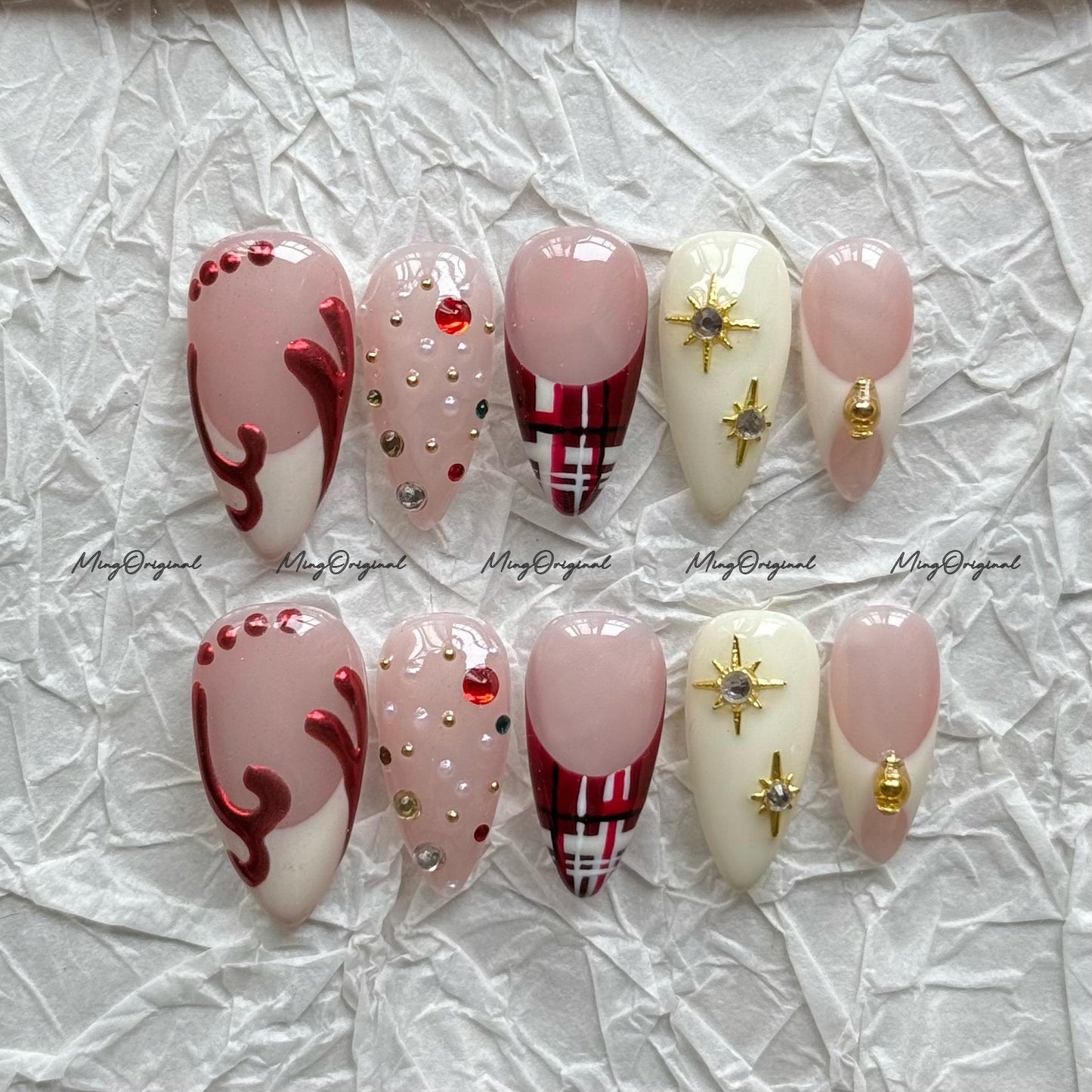 Christmas Plaid Press on Nail, rhinestone and gold star charms nails, French tip design, Holiday Fake Nails, Gifts for Her, MO715