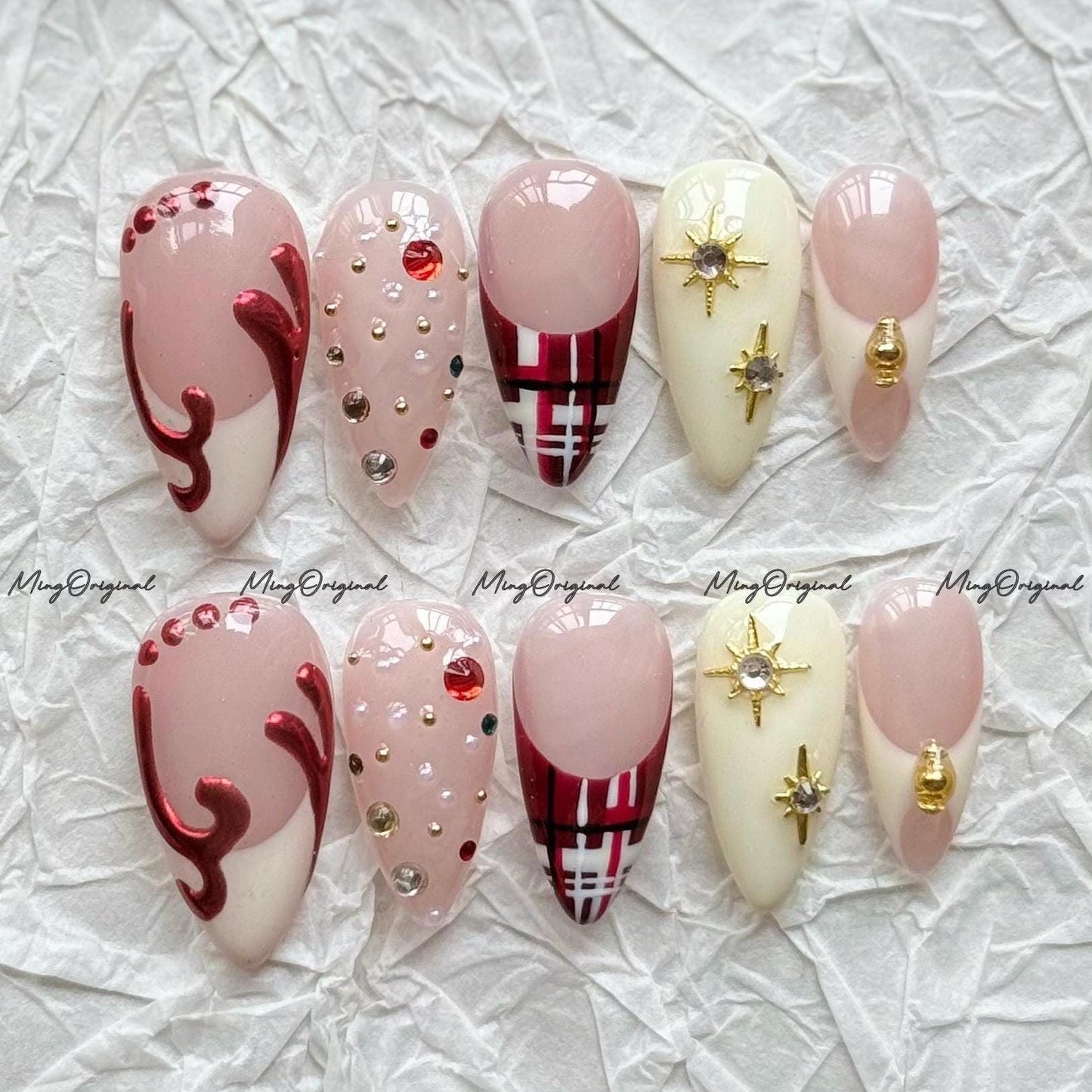Christmas Plaid Press on Nail, rhinestone and gold star charms nails, French tip design, Holiday Fake Nails, Gifts for Her, MO715