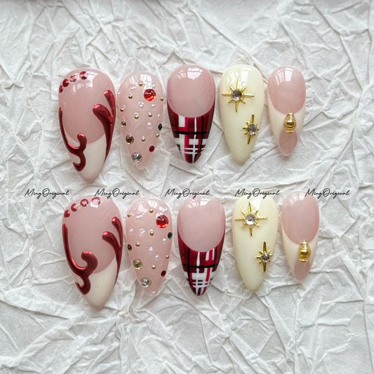 Christmas Plaid Press on Nail, rhinestone and gold star charms nails, French tip design, Holiday Fake Nails, Gifts for Her, MO715
