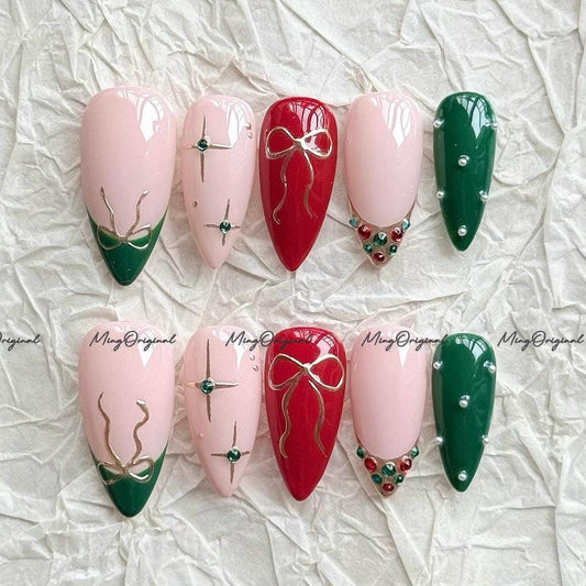 Christmas press-on nails, red green holiday nail art, gold bow gift design, french tip with rhinestone handmade festive manicure, MO717